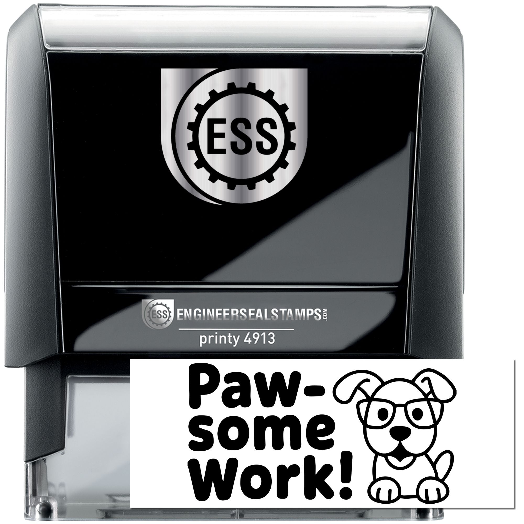 Black self-inking ESS stamp and seal with silver logo, printy 4913, and Paw-some Work! dog graphic
