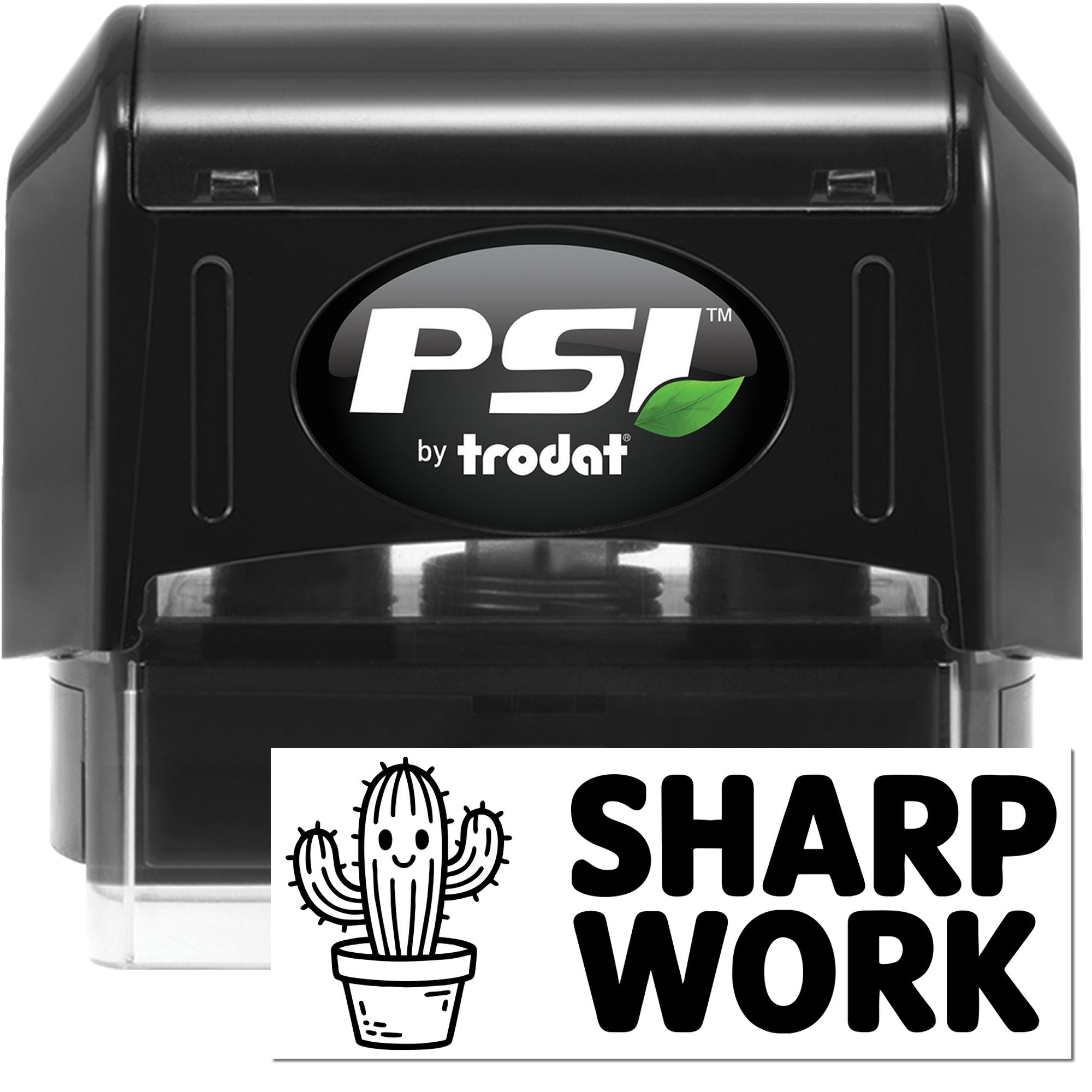 Black PSI by Trodat self-inking stamp with green leaf logo and white Sharp Work seal design featuring a cactus icon.