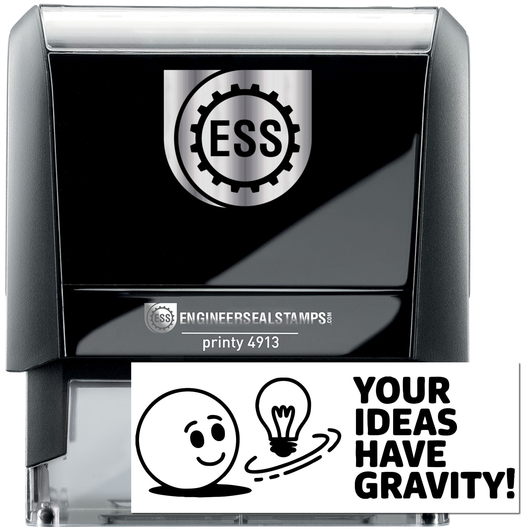 Black self-inking engineer seal stamp with silver ESS logo and custom imprint, Your ideas have gravity!
