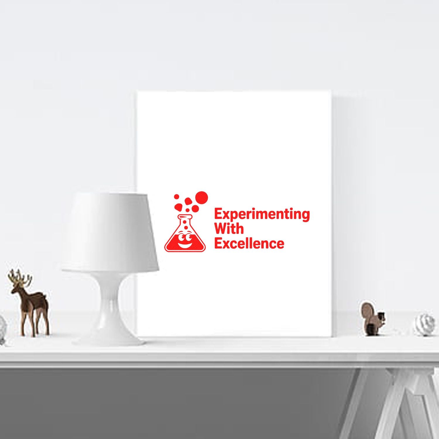 Red laboratory stamp and seal design with flask icon and Experimenting With Excellence text on a white display.