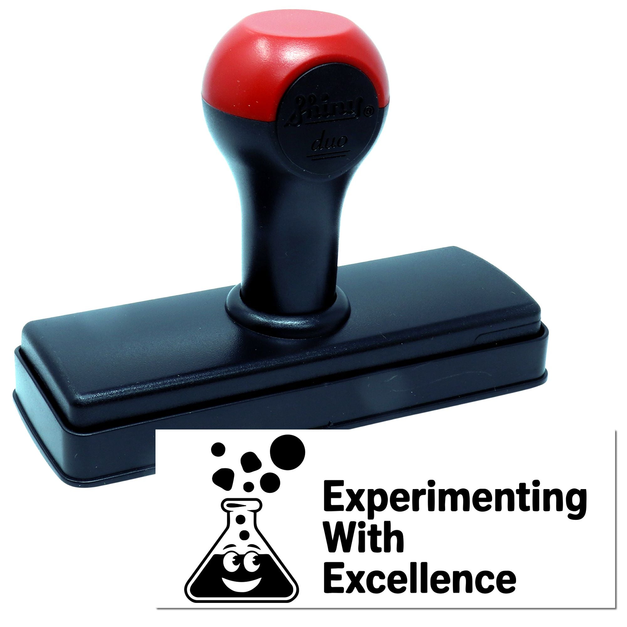 Red-and-black self-inking stamp seal with rectangular base and Experimenting With Excellence logo.