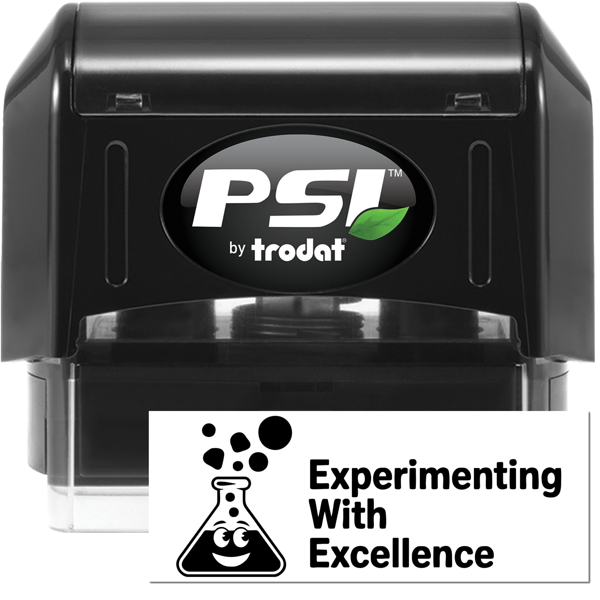 Black PSI by Trodat self-inking stamp and seal set with green leaf logo and Experimenting With Excellence text.