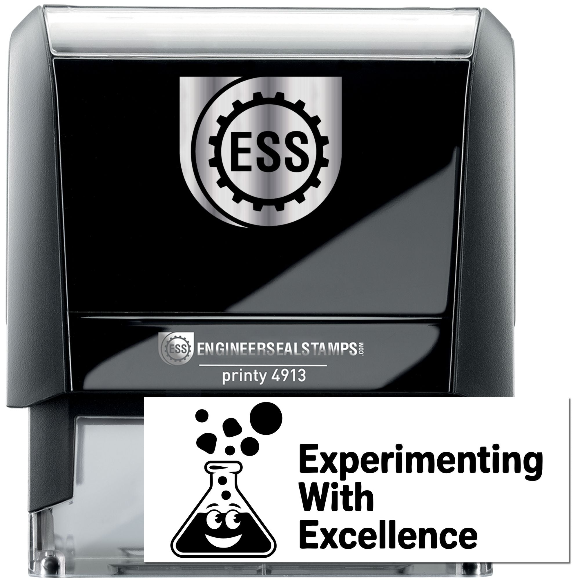 Black self-inking ESS engineer seal stamp, Printy 4913, with white Experimenting With Excellence beaker imprint.