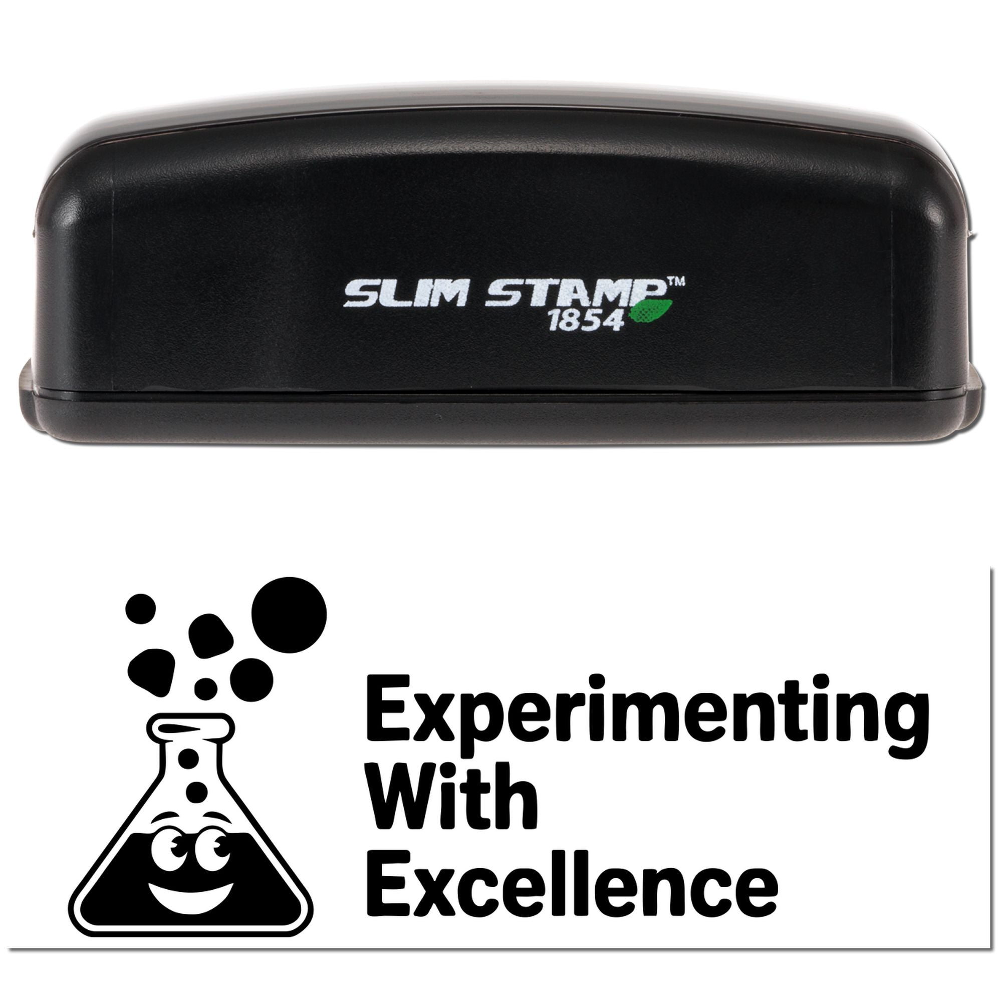 Black Slim Stamp 1854 stamp and seal set with green leaf logo and white card reading Experimenting With Excellence.