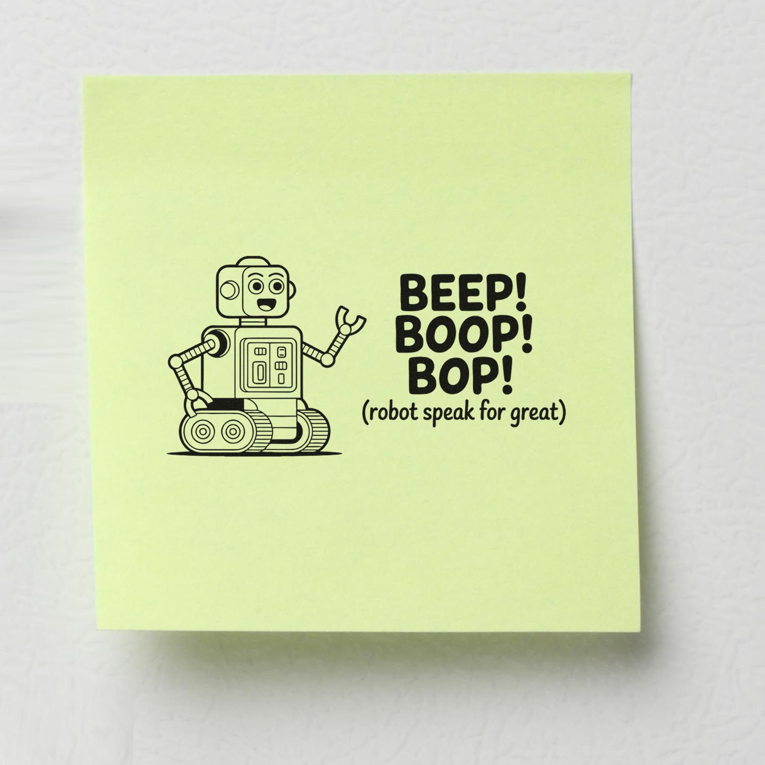 Lime green stamp and seal with black robot and bold BEEP! BOOP! BOP! text.