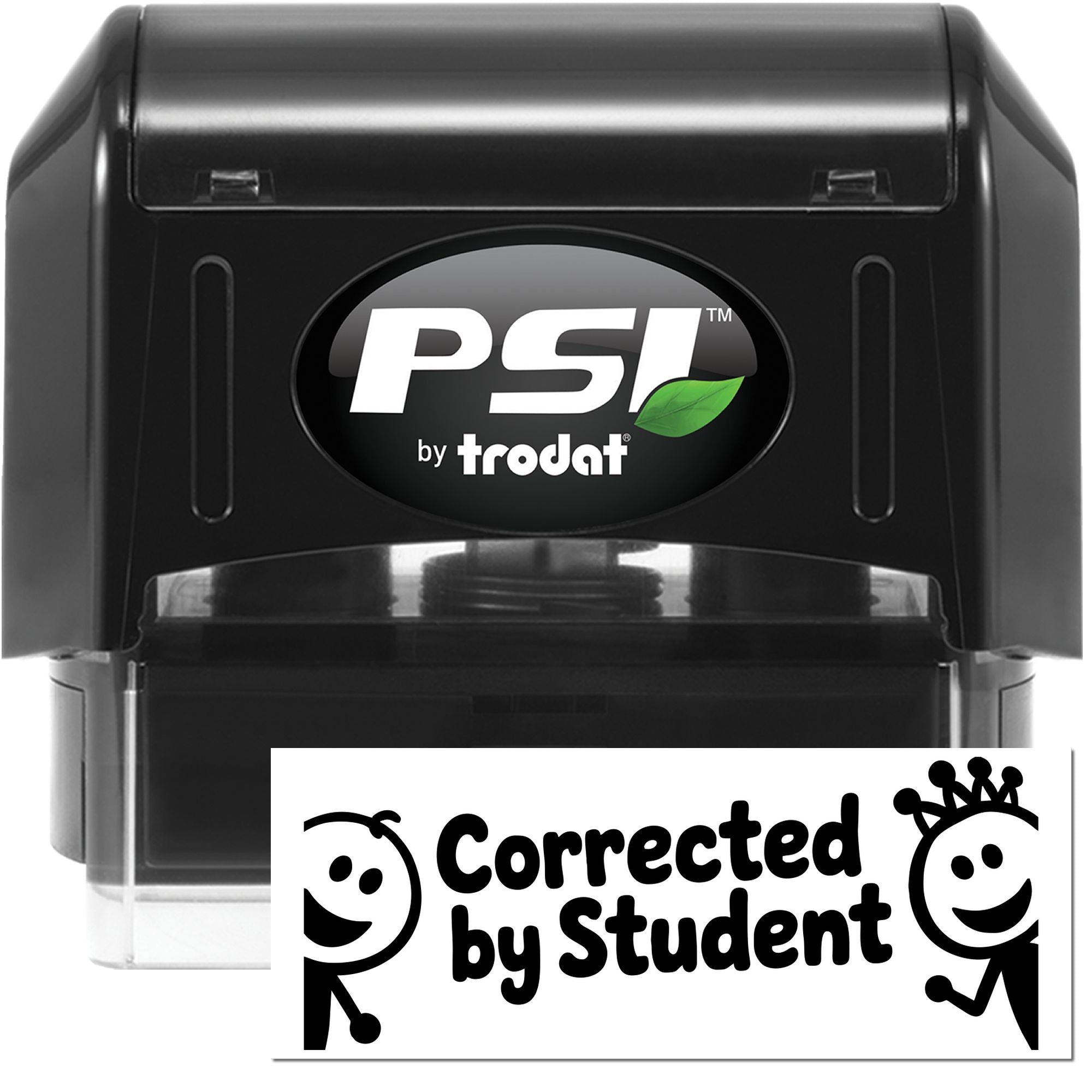 Black PSI by Trodat self-inking stamp and seal, black casing with green leaf logo and white Corrected by Student imprint.