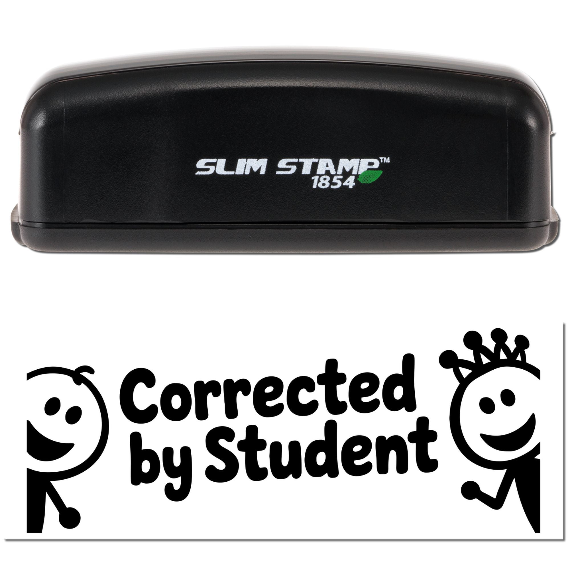 Black Slim Stamp 1854 self-inking stamp and white correction seal with bold black Corrected by Student text and faces.