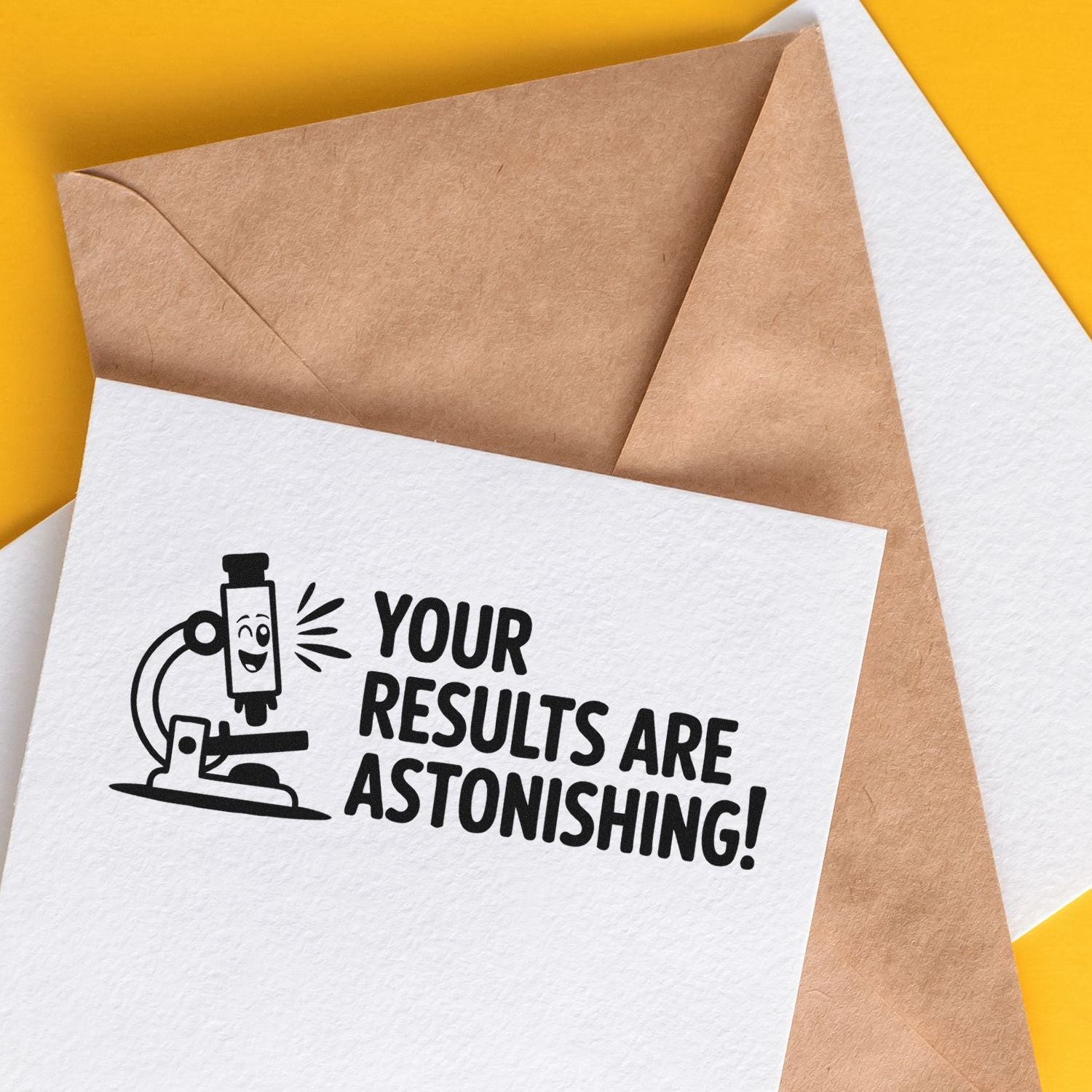 Brown kraft envelopes and white card with black custom stamp seal reading Your results are astonishing! on a yellow background.