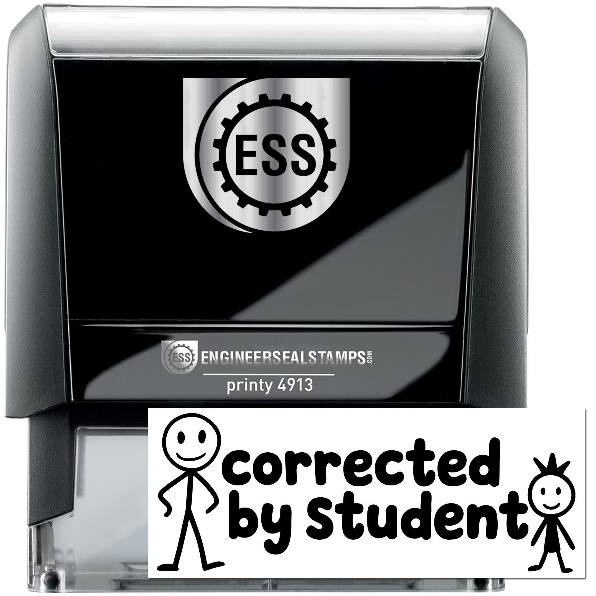 Black self-inking ESS stamp with silver accents and corrected by student seal design in white and black.