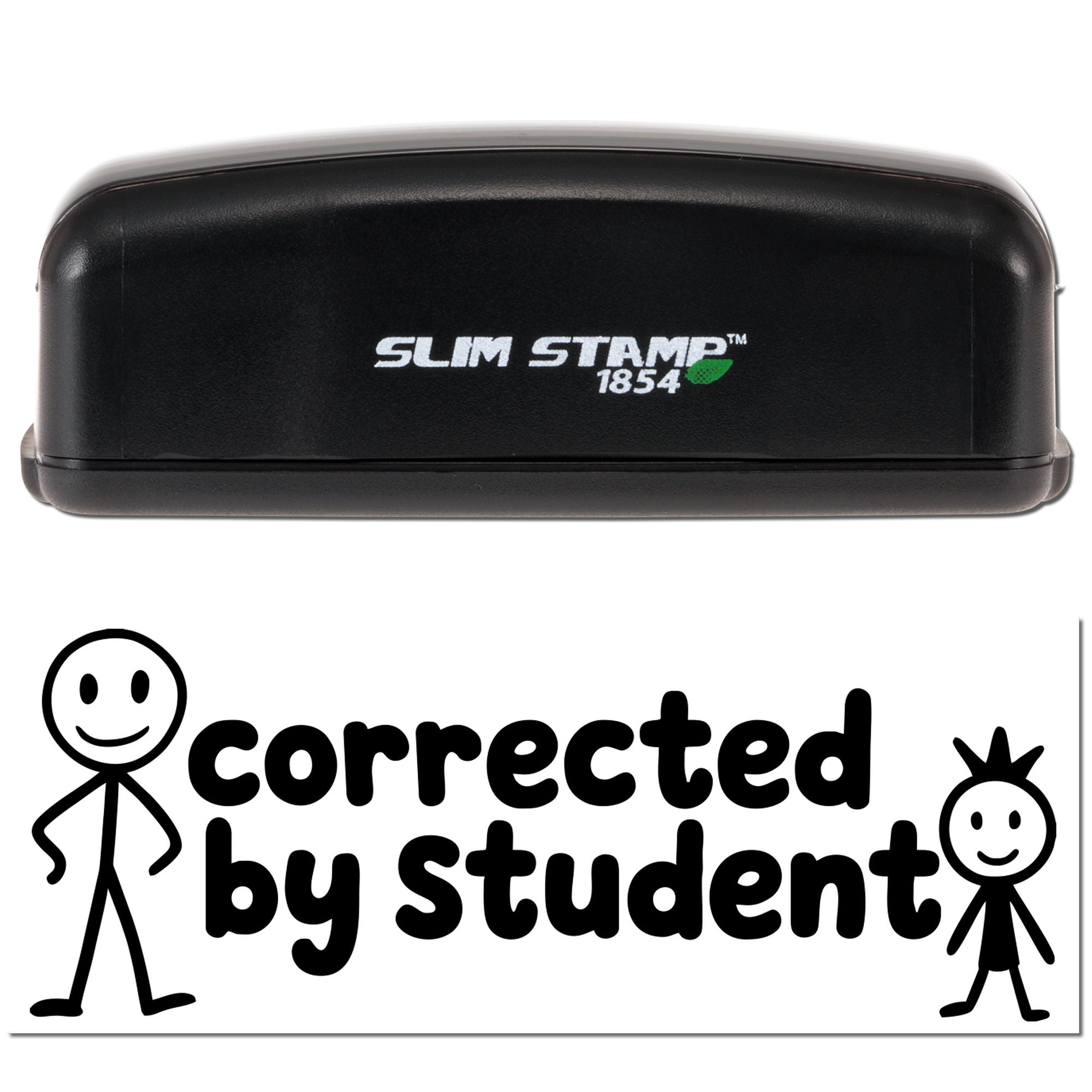 Black Slim Stamp 1854 self-inking stamp above a white correction seal reading corrected by student with stick figures.