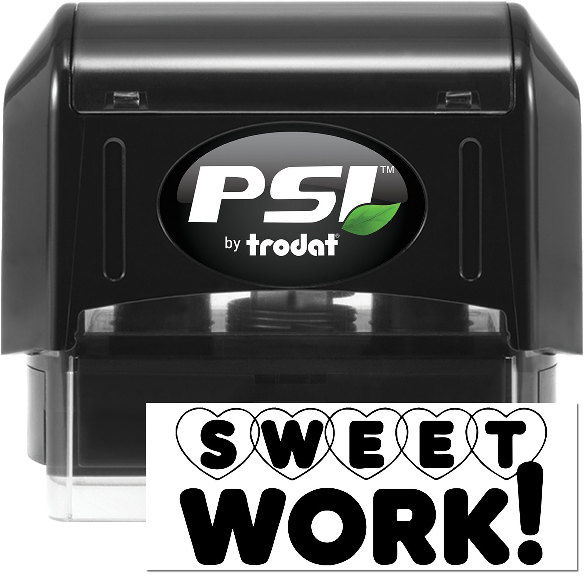 Black PSI by Trodat self-inking stamp/seal with clear case and Sweet Work! hearts design