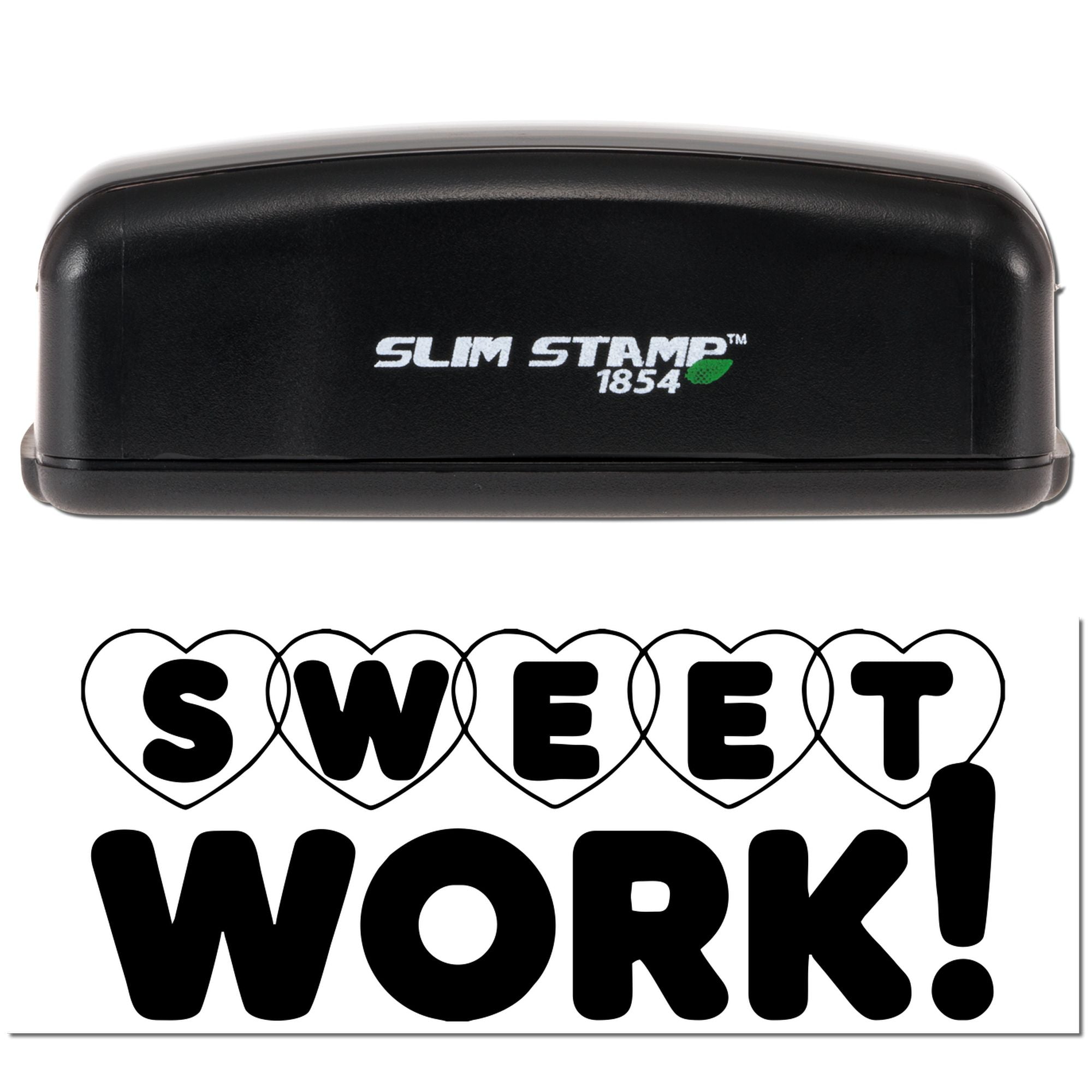 Black Slim Stamp 1854 stamp and seal with white logo, above bold black SWEET WORK! in heart outlines.