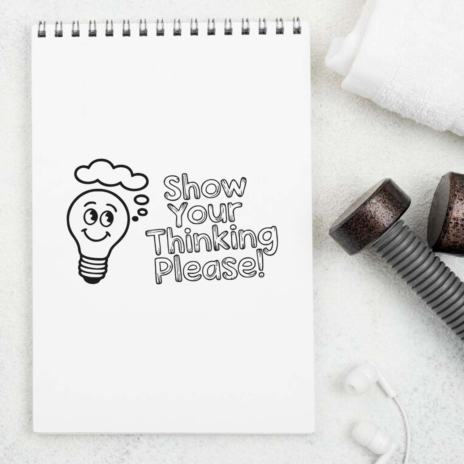 Black stamp design with lightbulb icon and Show Your Thinking Please! on white notebook beside stamp handles and seal heads.