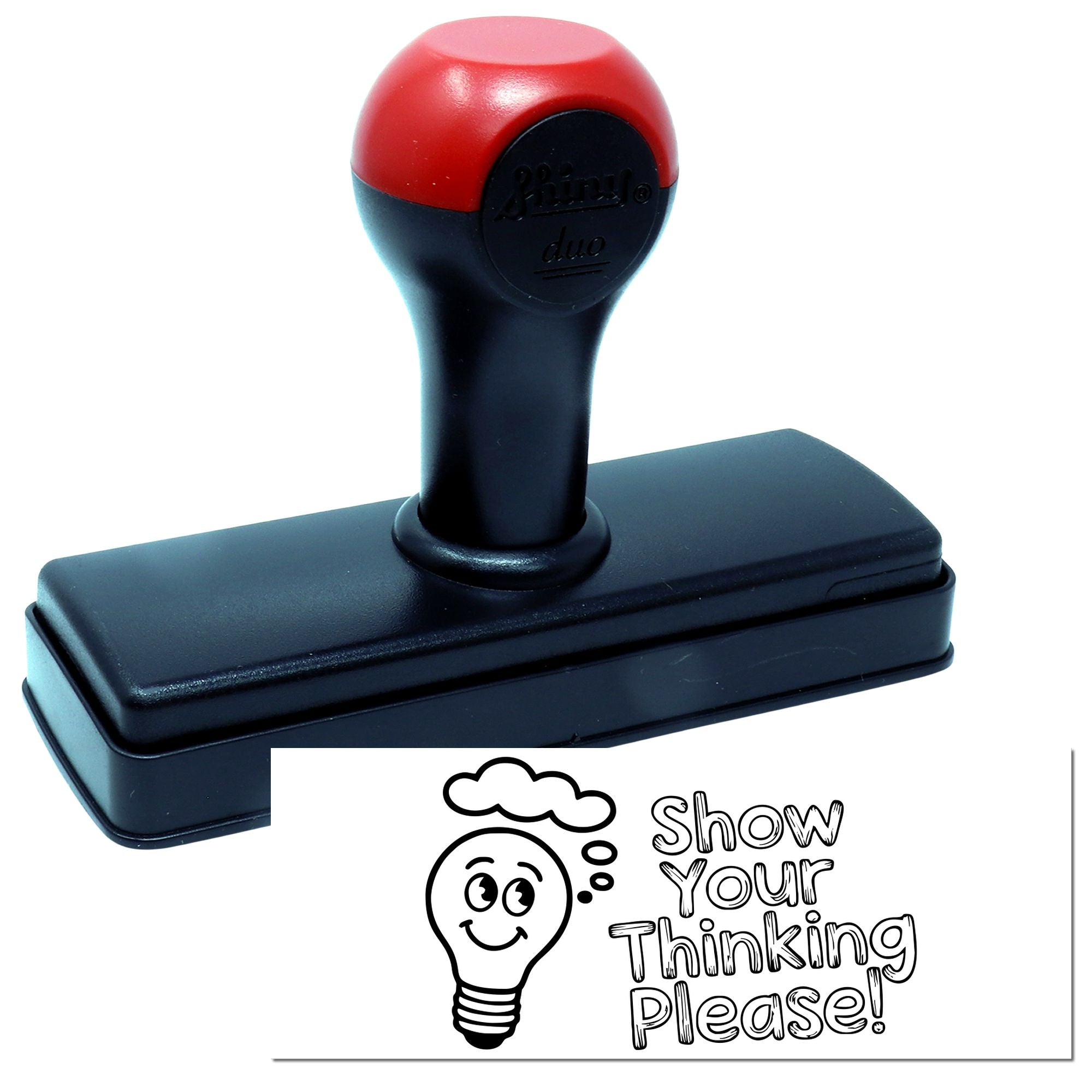 Red and black self-inking rubber stamp with rectangular base, plus sample seal reading Show Your Thinking Please! with lightbulb icon.