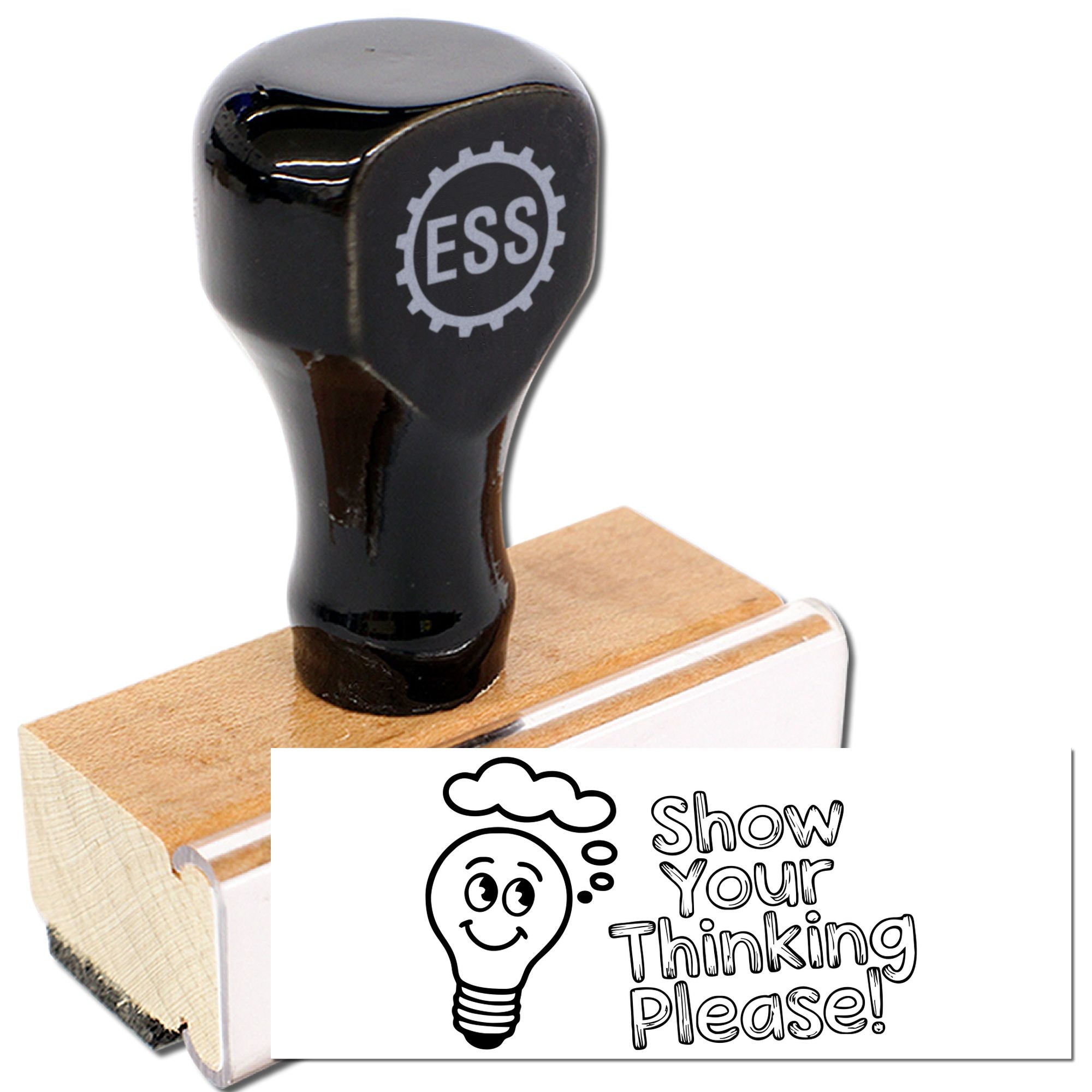 Black ESS rubber stamp on a wooden block with a white Show Your Thinking Please! seal and lightbulb graphic