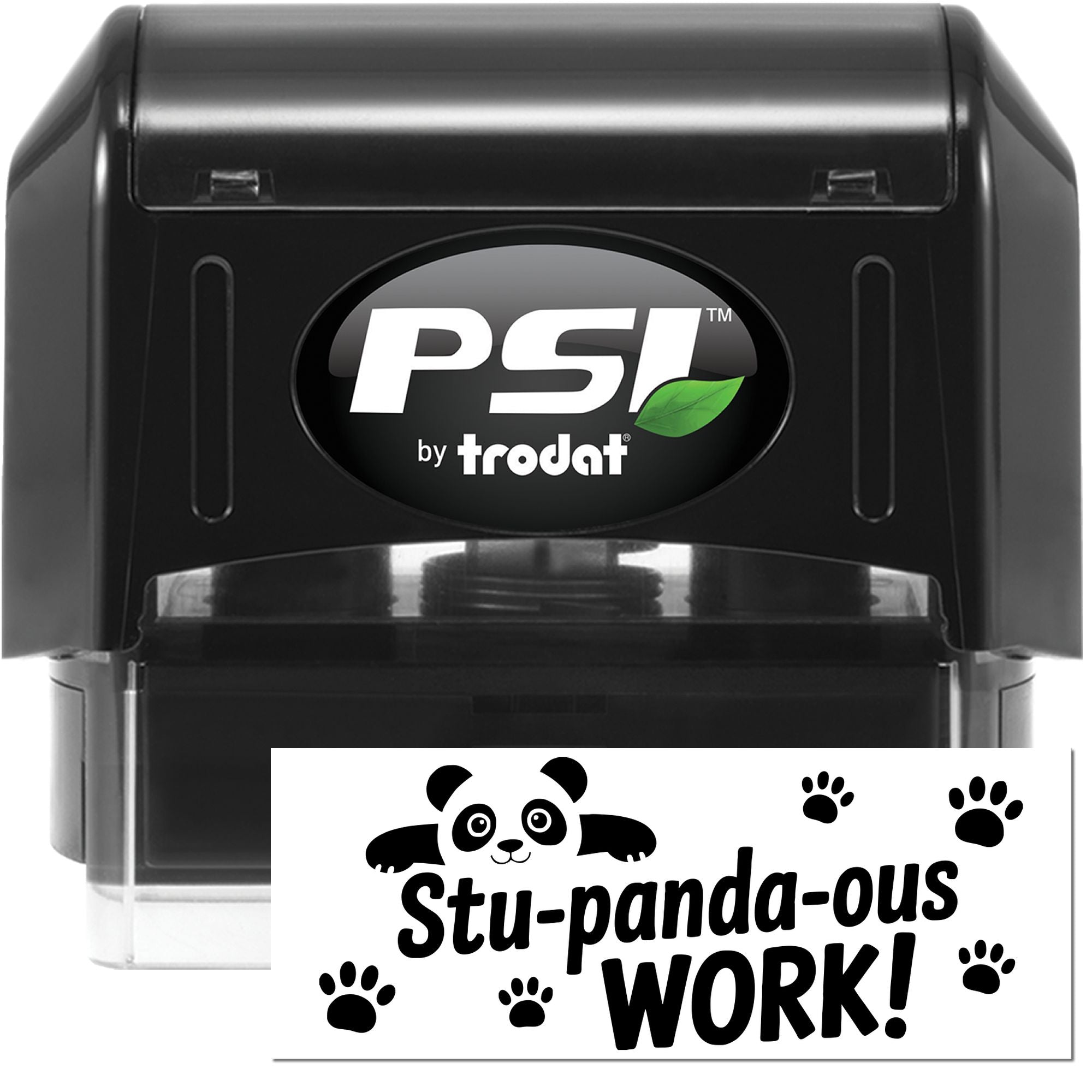 Black PSI by trodat self-inking stamp and seal with panda paw print design and white Stu-panda-ous WORK! impression