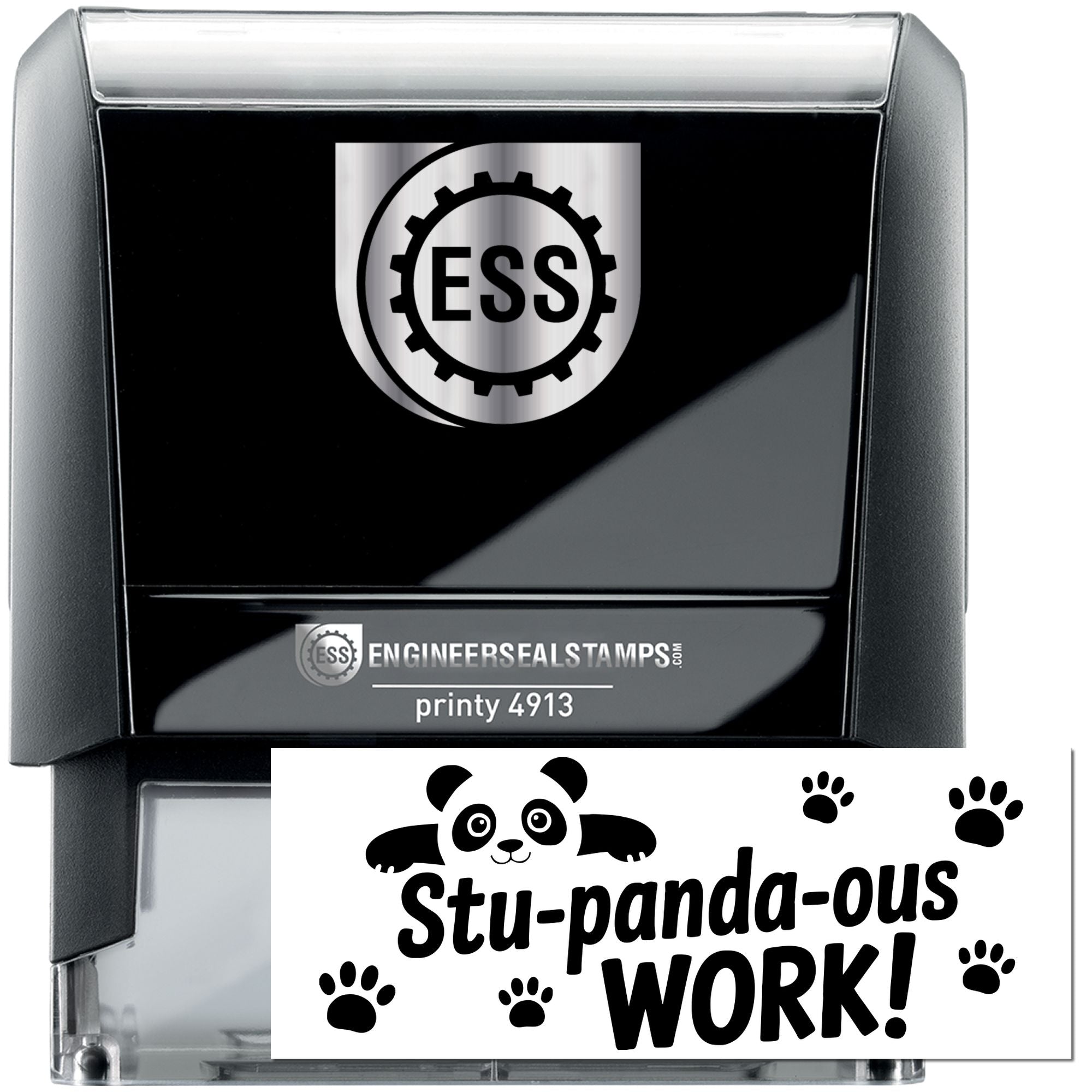 Black ESS engineer seal stamp and panda-themed self-inking stamp with silver logo and Stu-panda-ous WORK! text