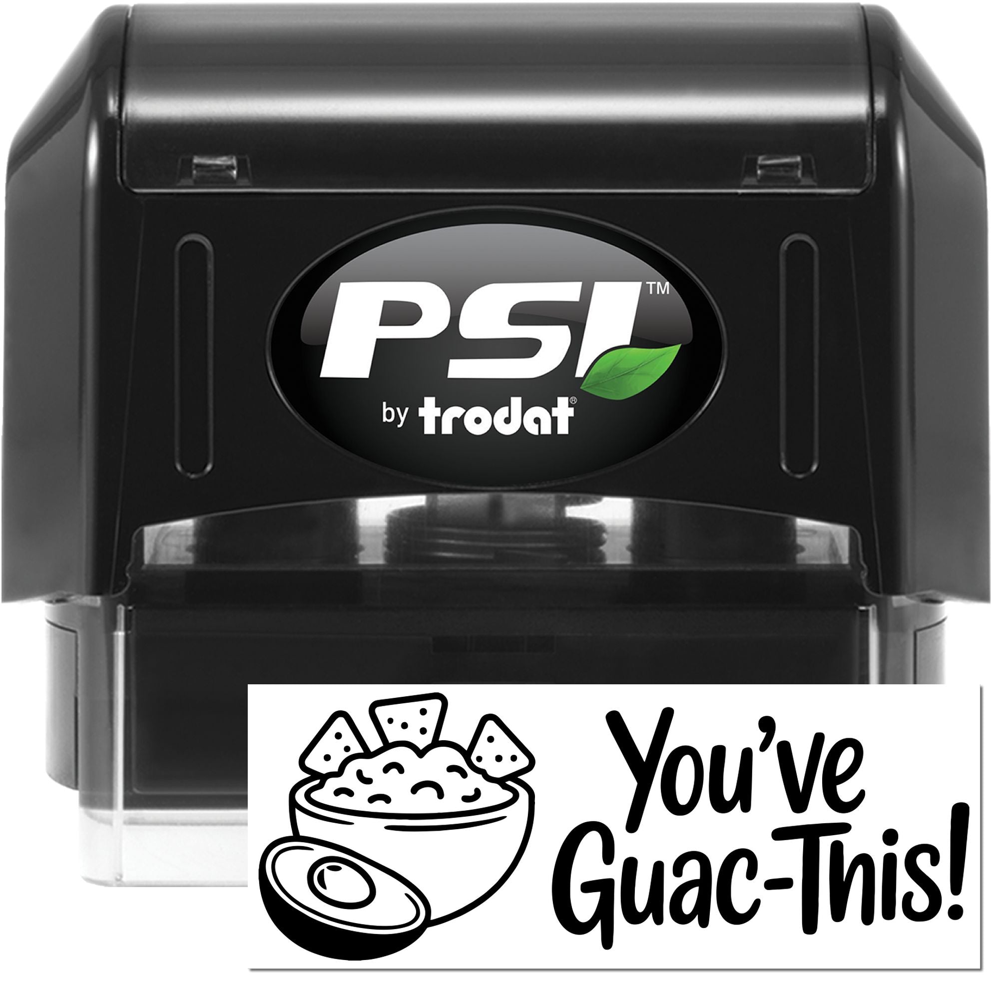 Black PSI by Trodat self-inking stamp and custom seal with green leaf logo, featuring Youve Guac-This! guacamole design.