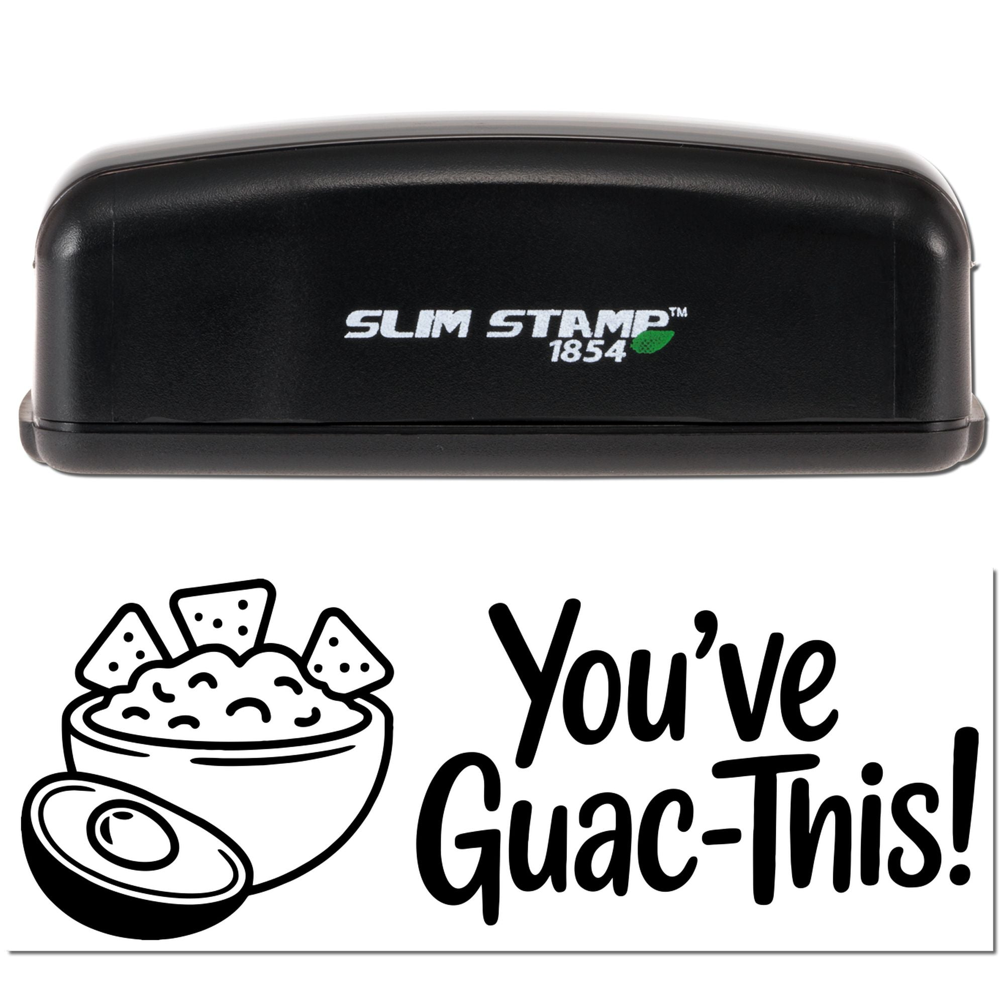 Black Slim Stamp 1854 self-inking stamp with green leaf logo and guacamole-themed seal reading Youve Guac-This!