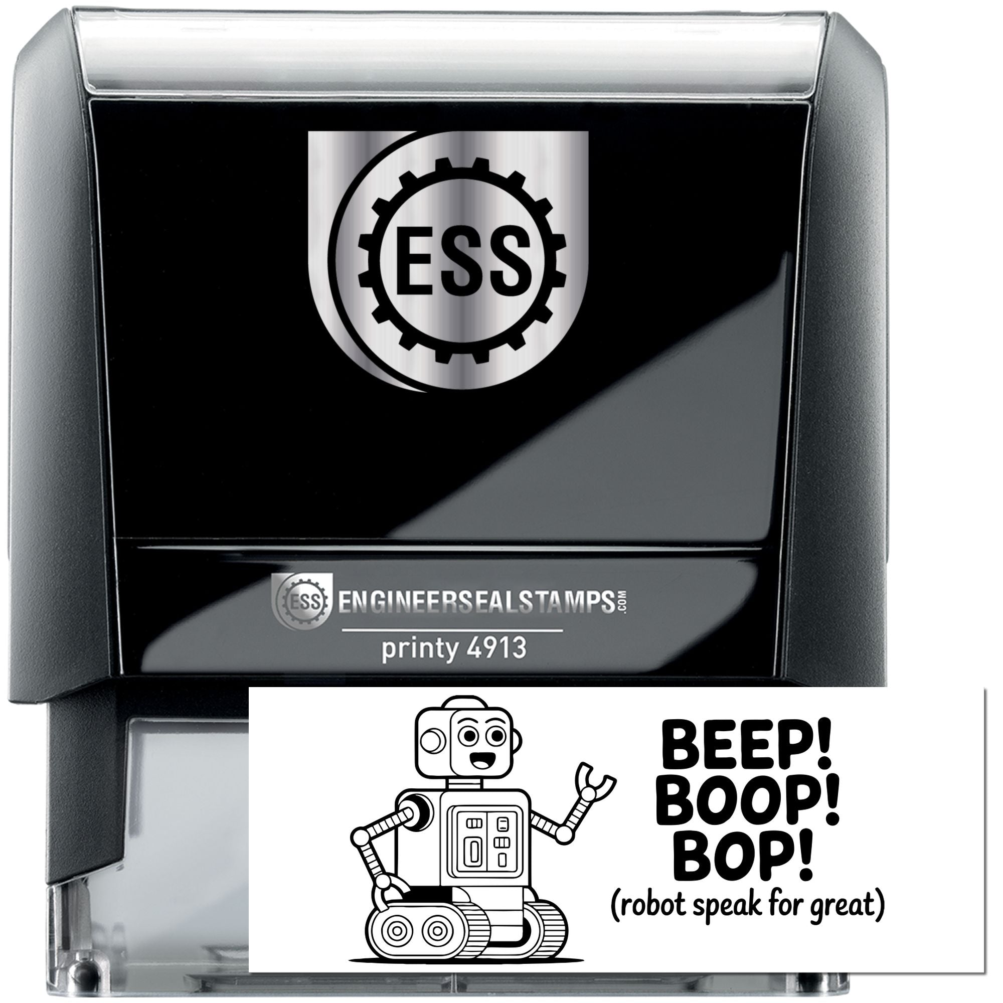 Black and silver self-inking ESS stamp and seal with gear logo, plus robot design and BEEP! BOOP! BOP! text.