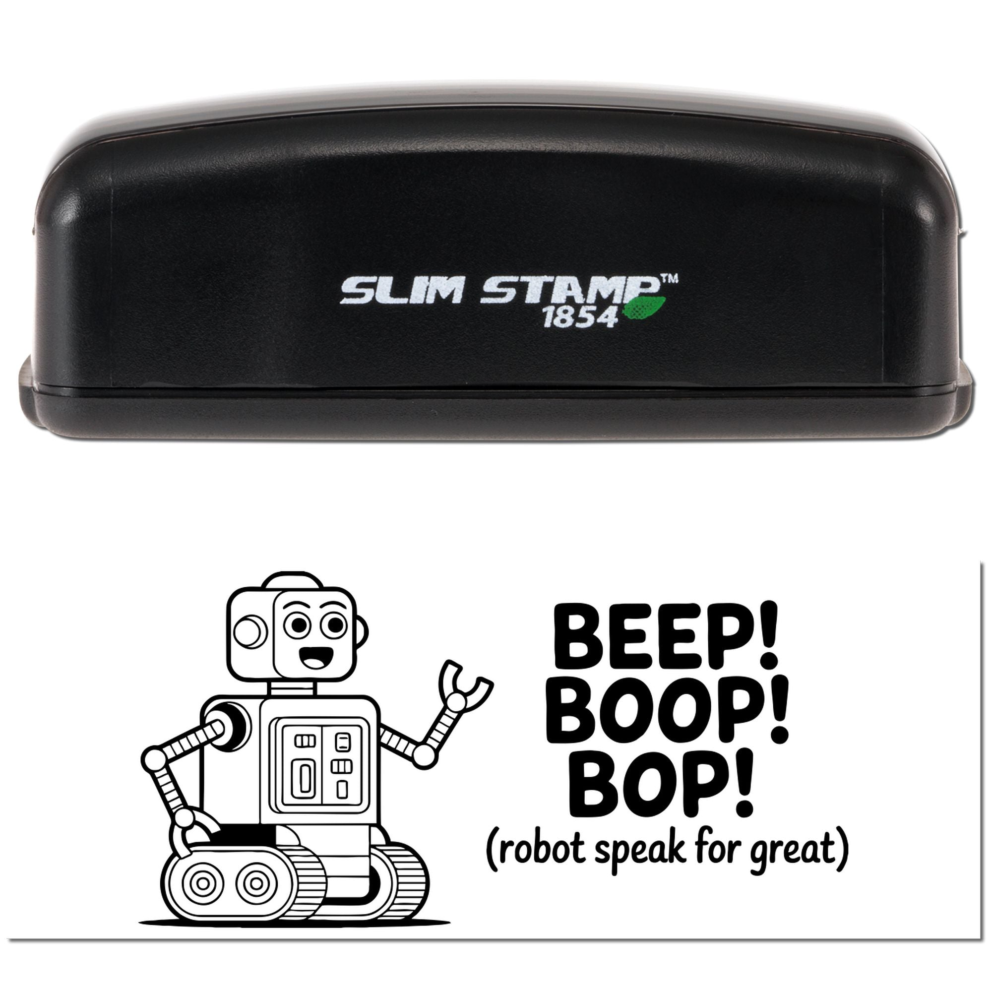 Black Slim Stamp 1854 self-inking seal with robot cartoon and bold BEEP! BOOP! BOP! text on white background.