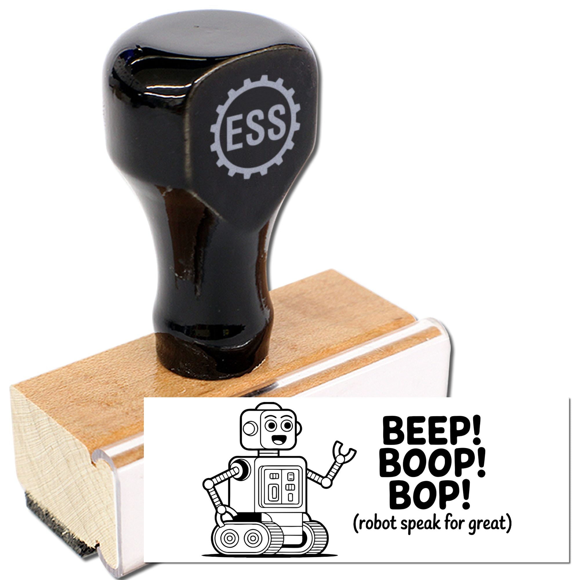Black rubber stamp and seal with wooden base, featuring a robot graphic and BEEP! BOOP! BOP! on white card.