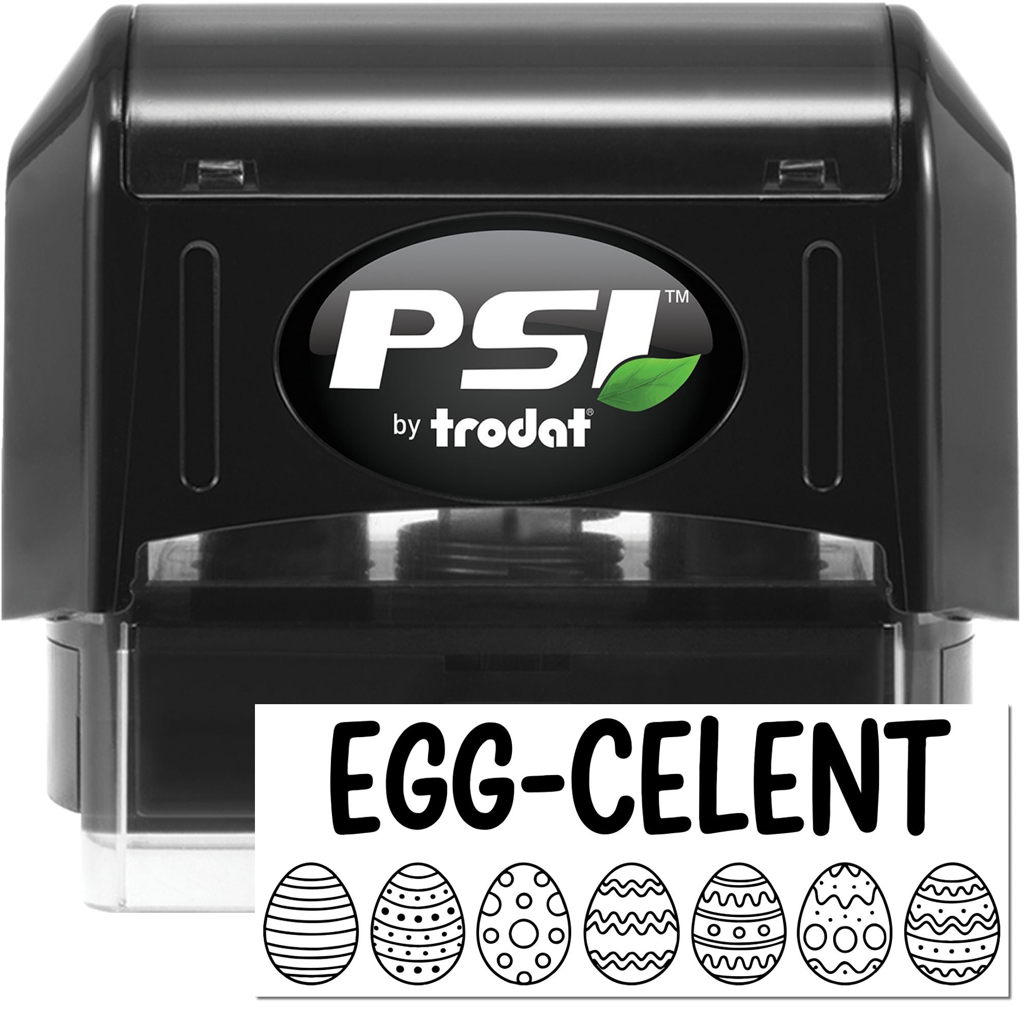 Black PSI by Trodat self-inking stamp with egg-cellent Easter seal card and patterned eggs.