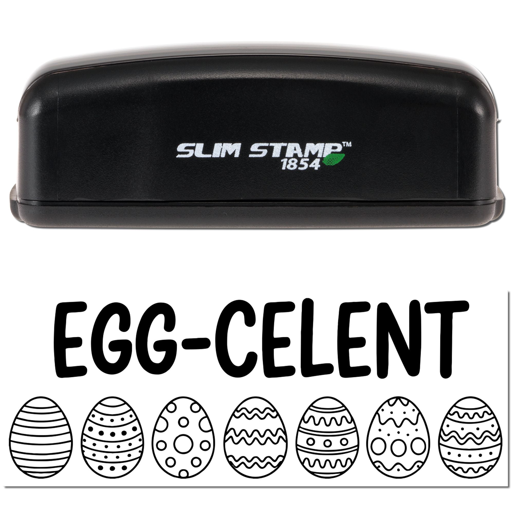 Black Slim Stamp 1854 embosser with EGG-CELENT Easter egg seal design and patterned eggs on white background.