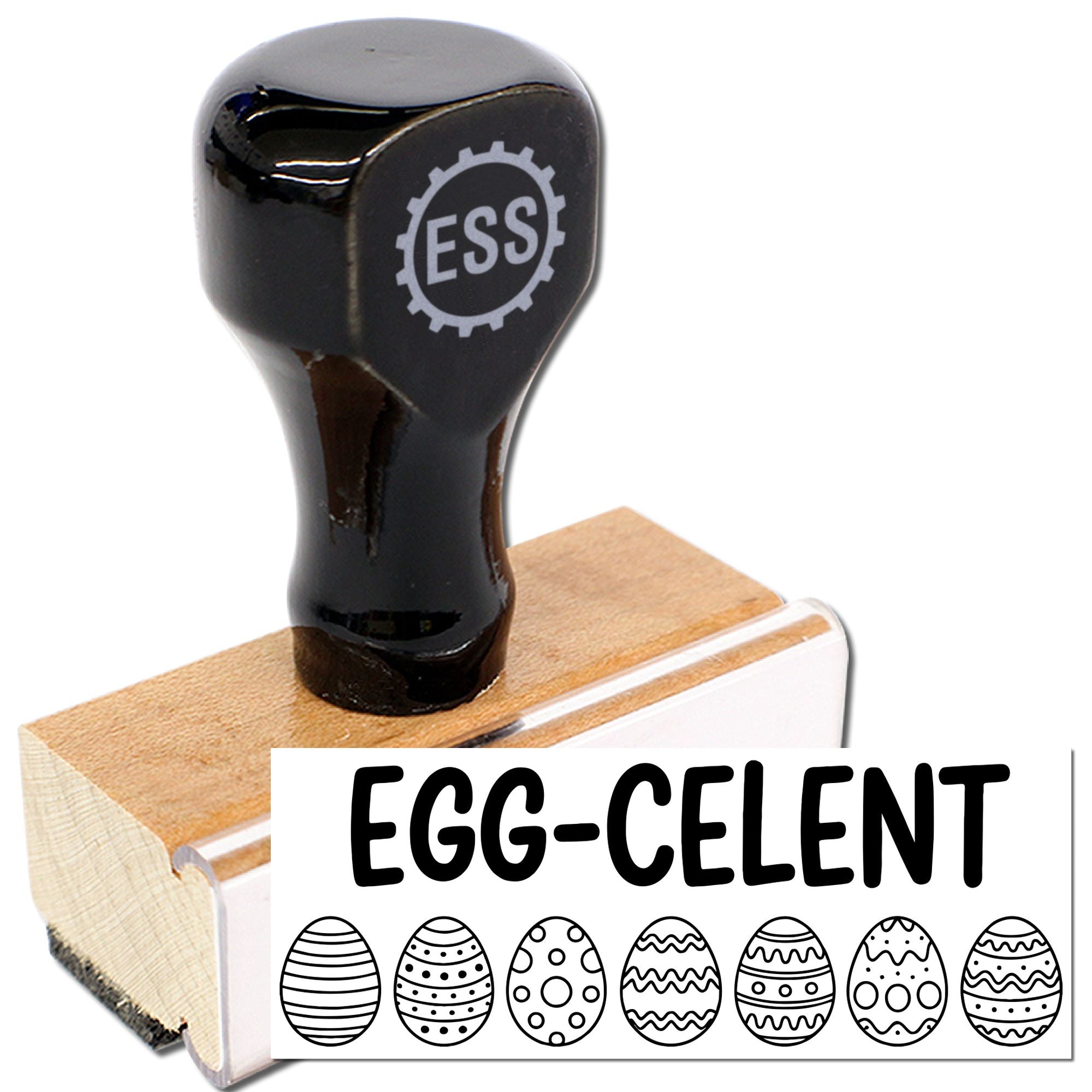 Black Egg-Celent rubber stamp seal with wooden handle and egg pattern designs on a white background