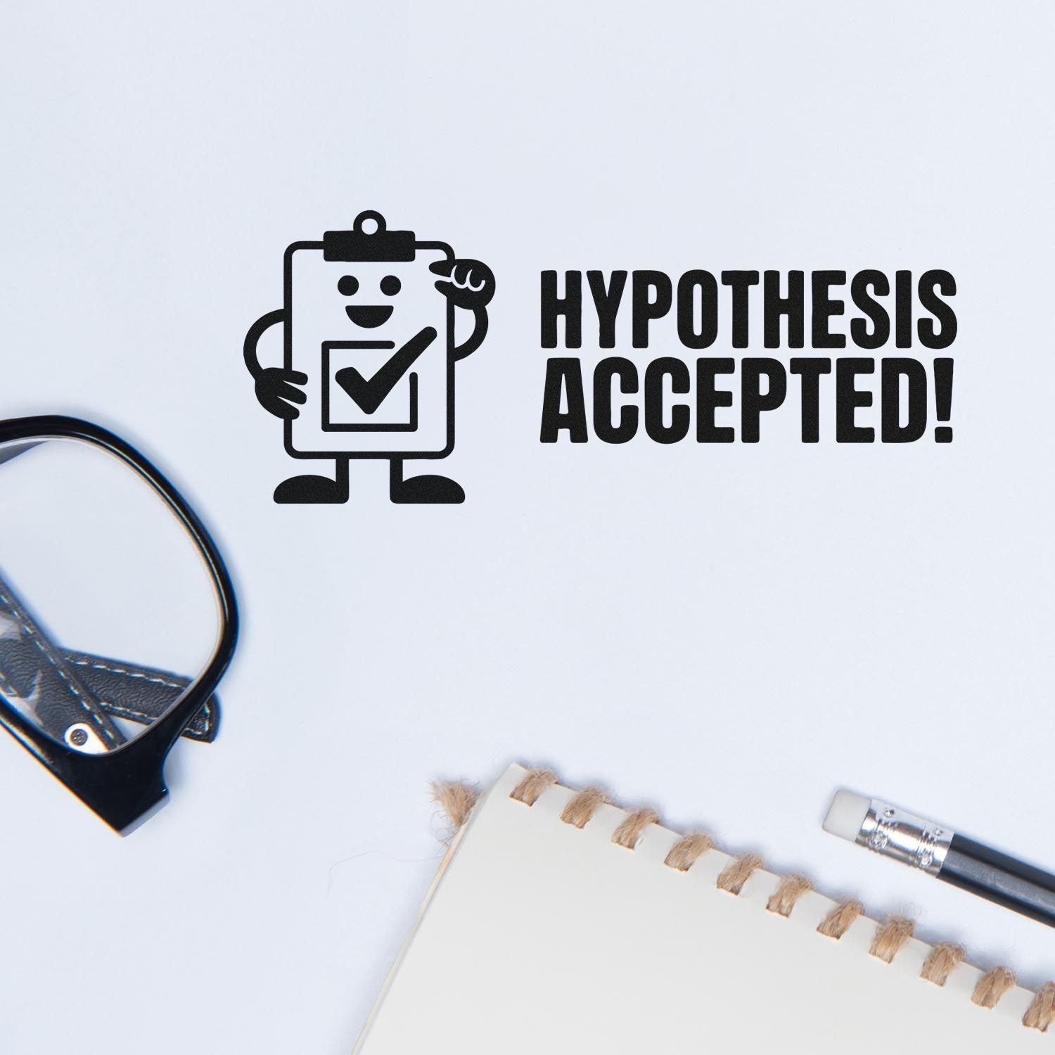 Black Hypothesis Accepted! stamp seal with clipboard mascot and checkmark on white paper, beside magnifying glass and notebook.