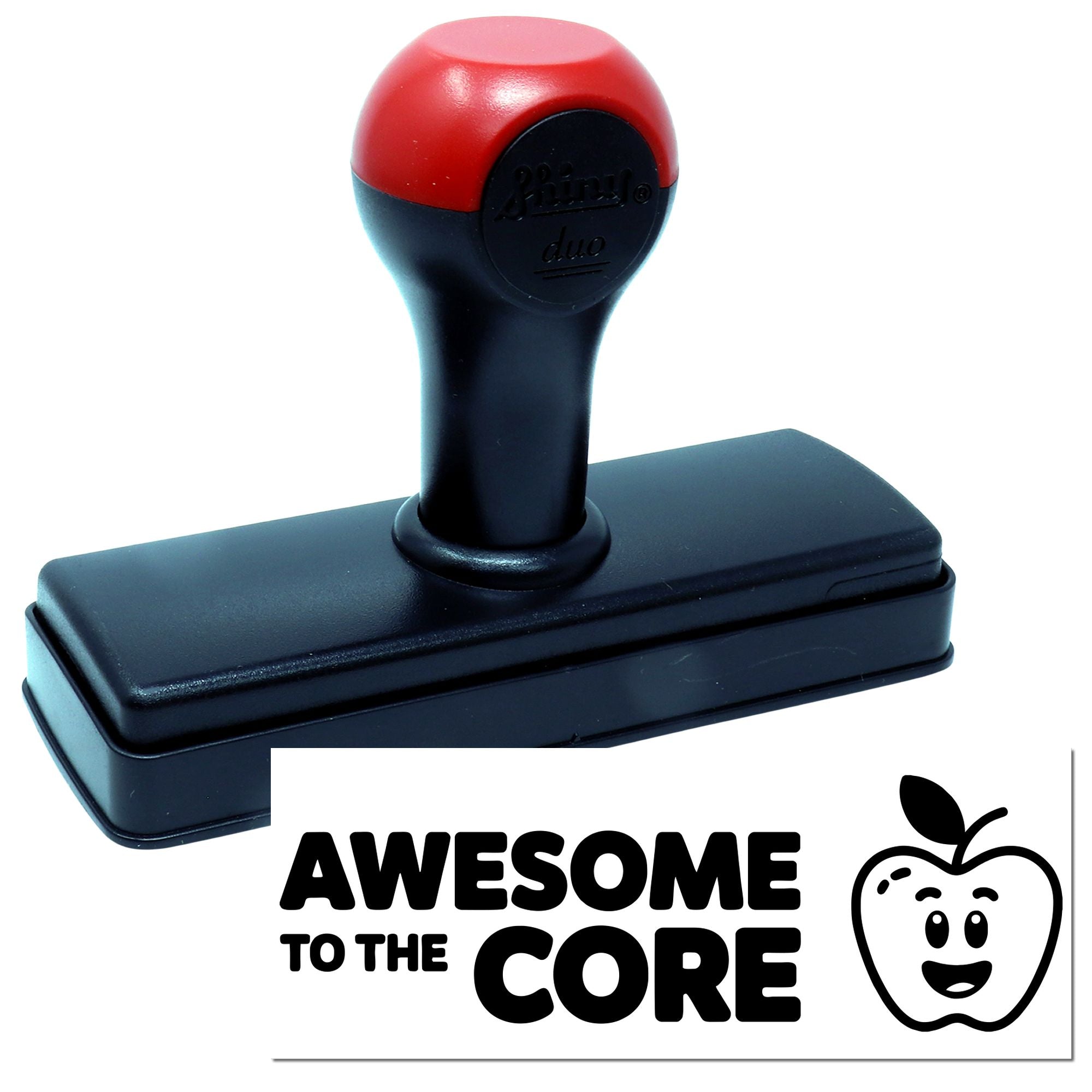 Black self-inking stamp and seal with red handle, featuring Awesome to the Core and an apple icon.