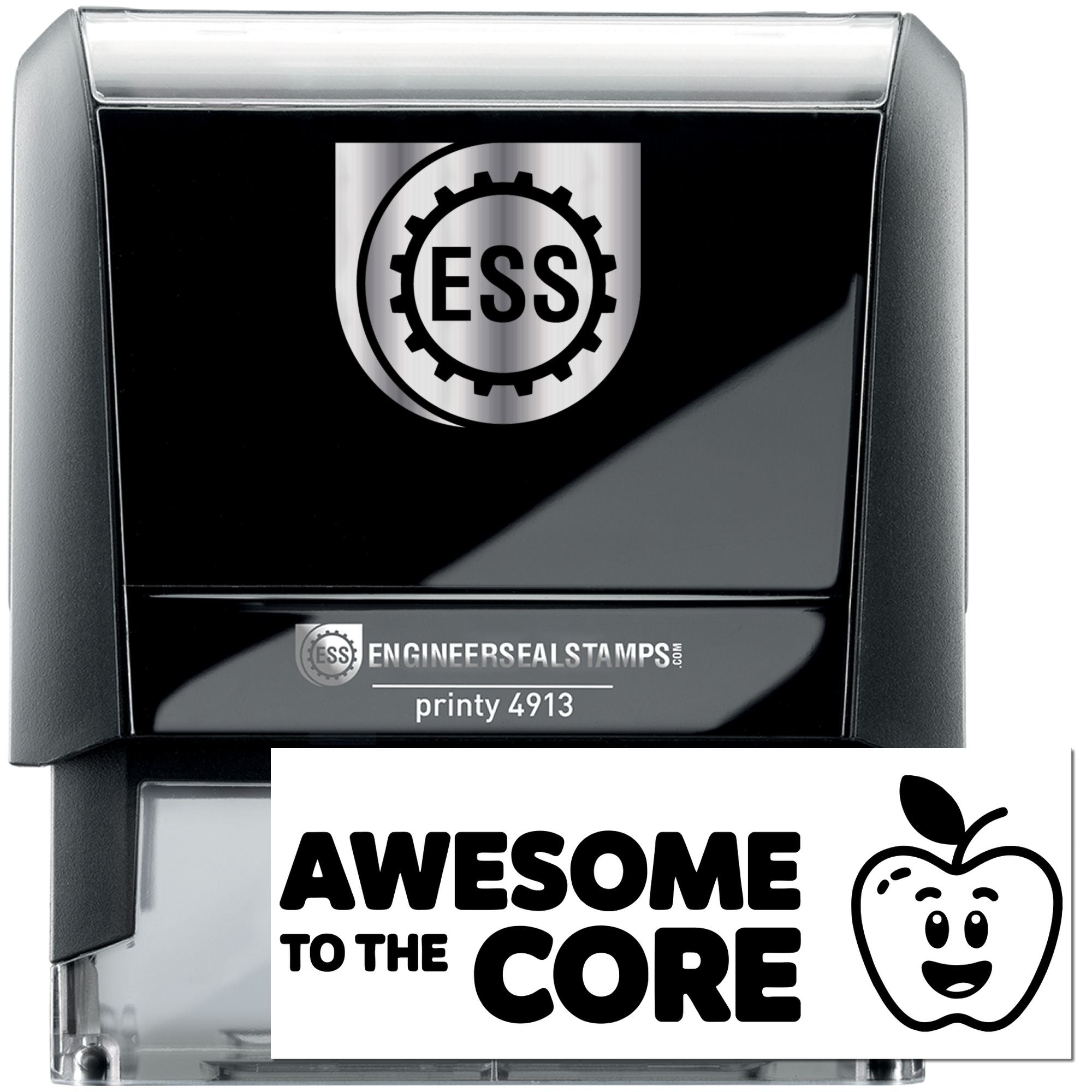 Black self-inking engineer seal stamp with silver ESS logo and bold Awesome to the Core imprint.