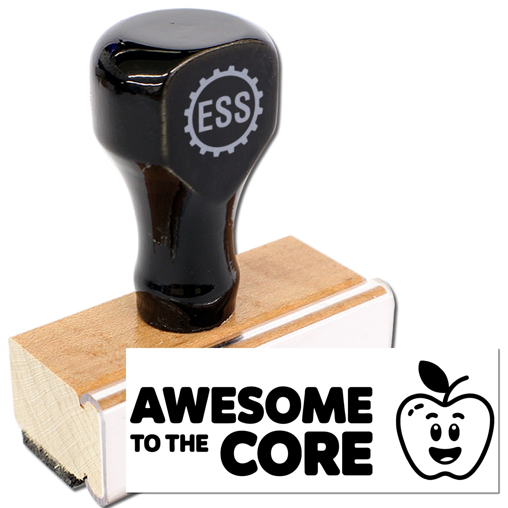 Black ESS rubber stamp and seal on wooden base, printing Awesome to the Core with an apple icon.