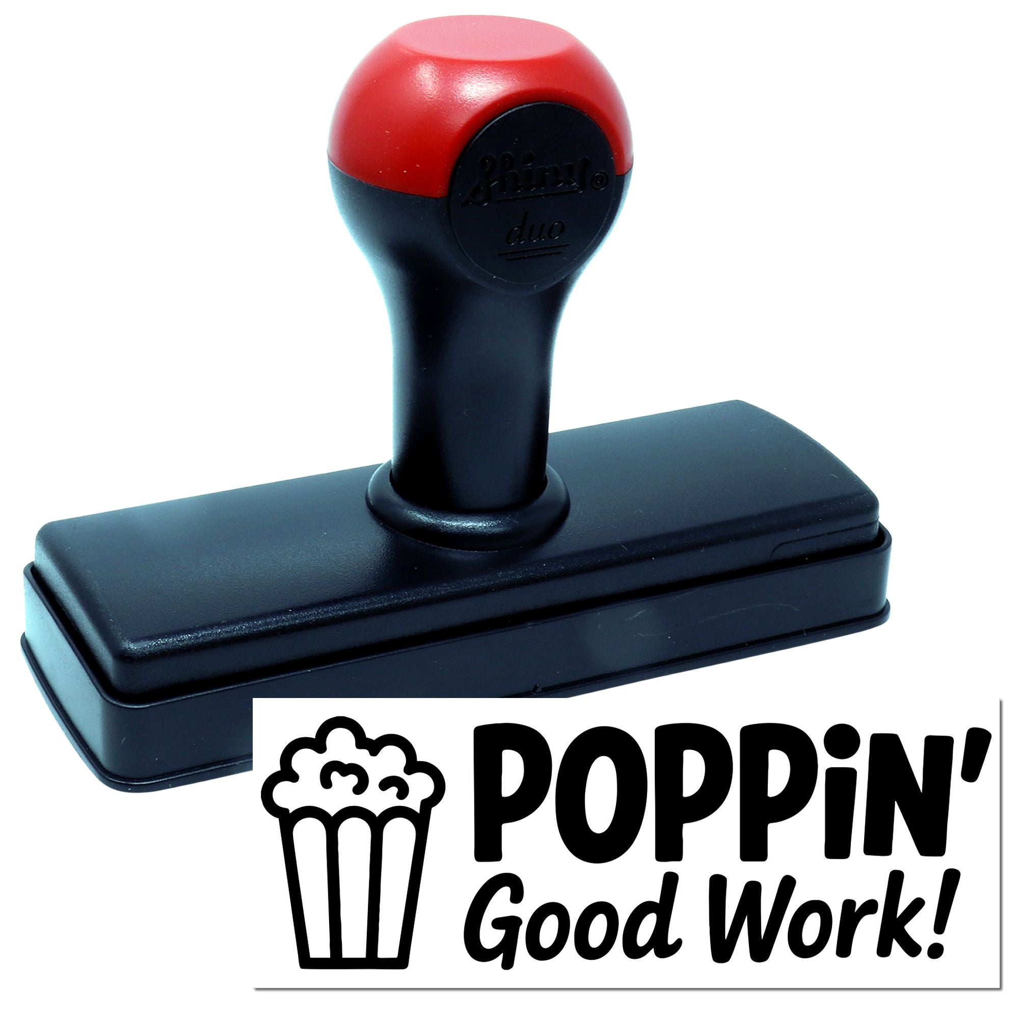 Red and black self-inking stamp with Poppin' Good Work! seal design on white background