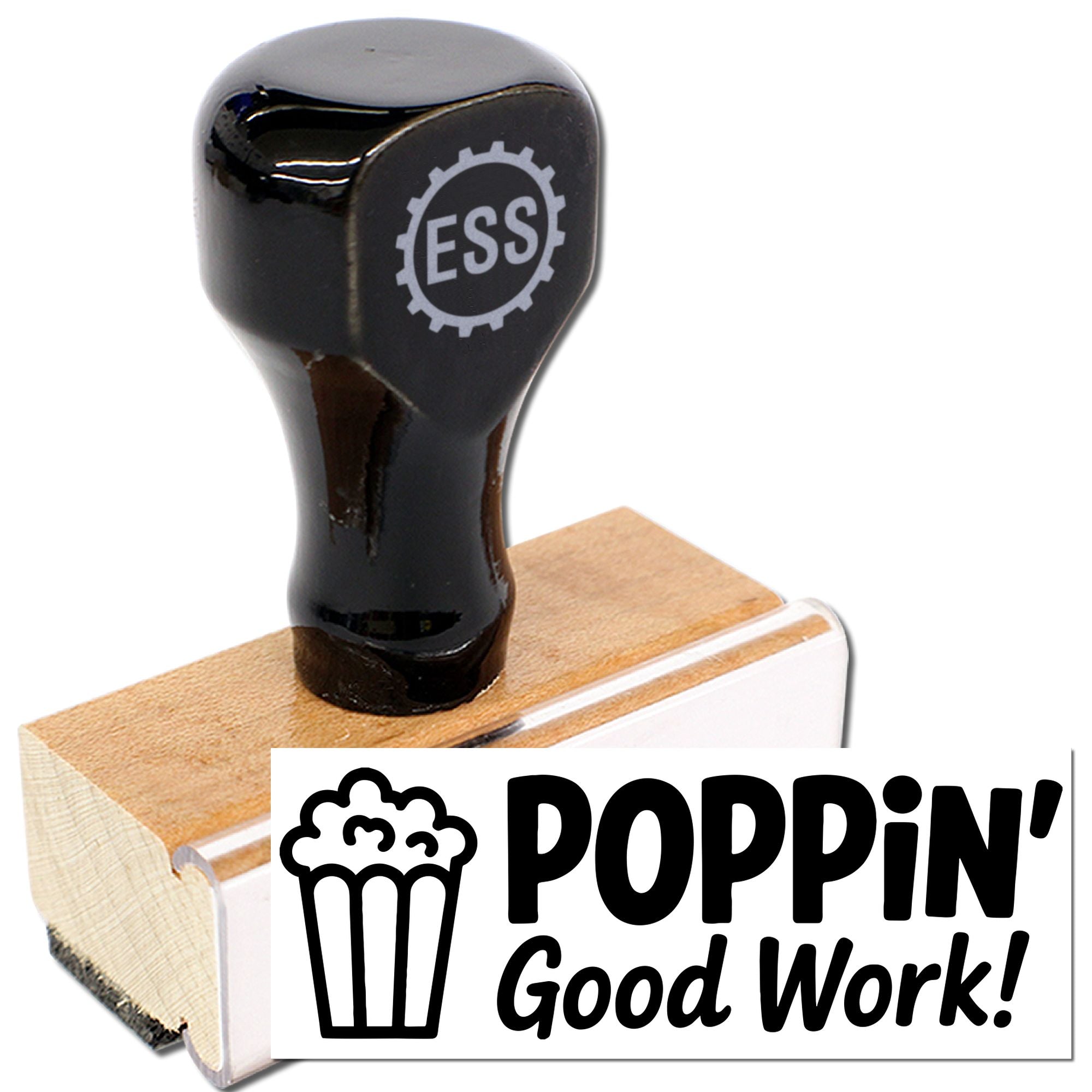 Black custom rubber stamp with ESS gear logo on wooden base, beside "Poppin' Good Work!" popcorn seal.