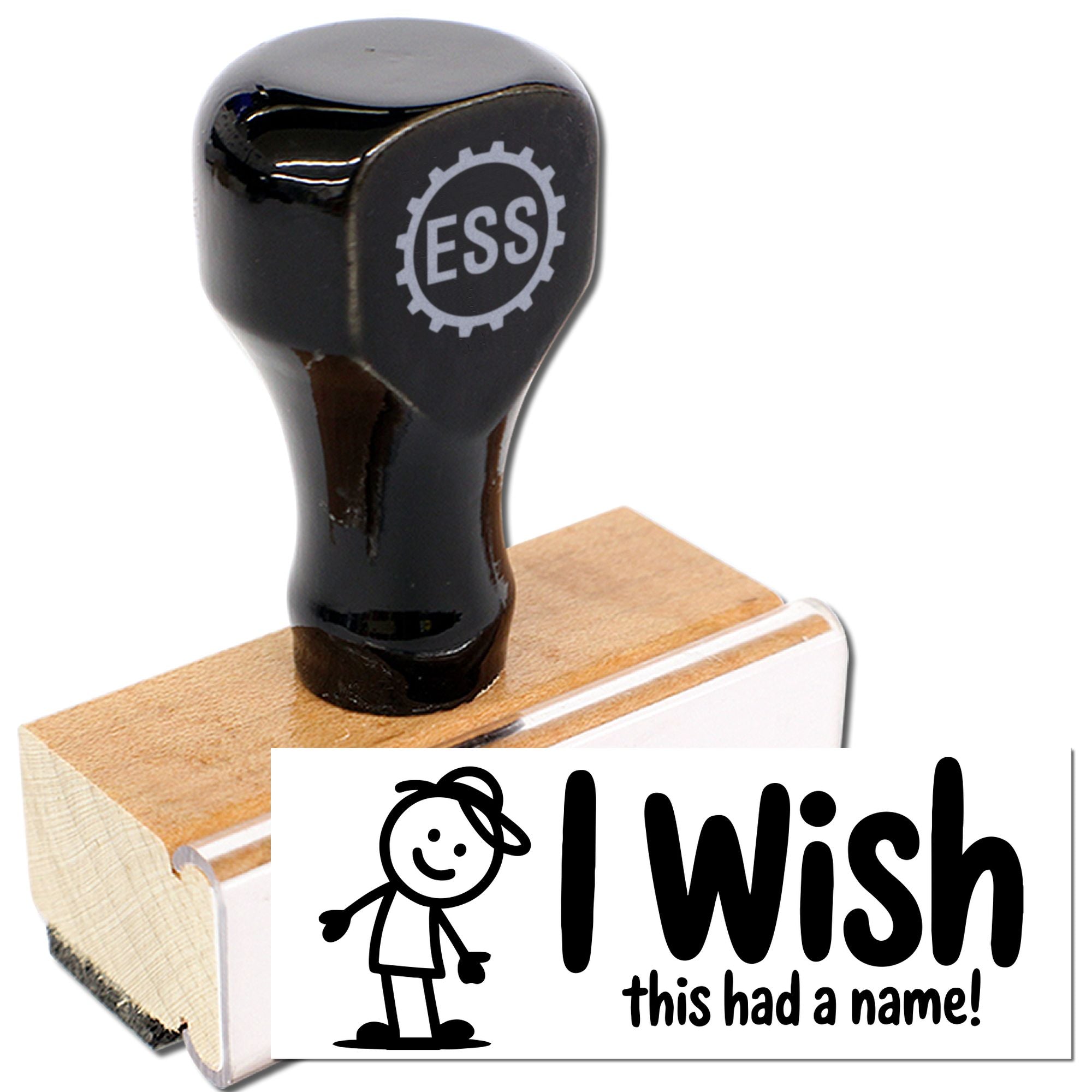 Black stamp and seal with gray ESS logo on a wood base, shown with an I wish this had a name! label graphic