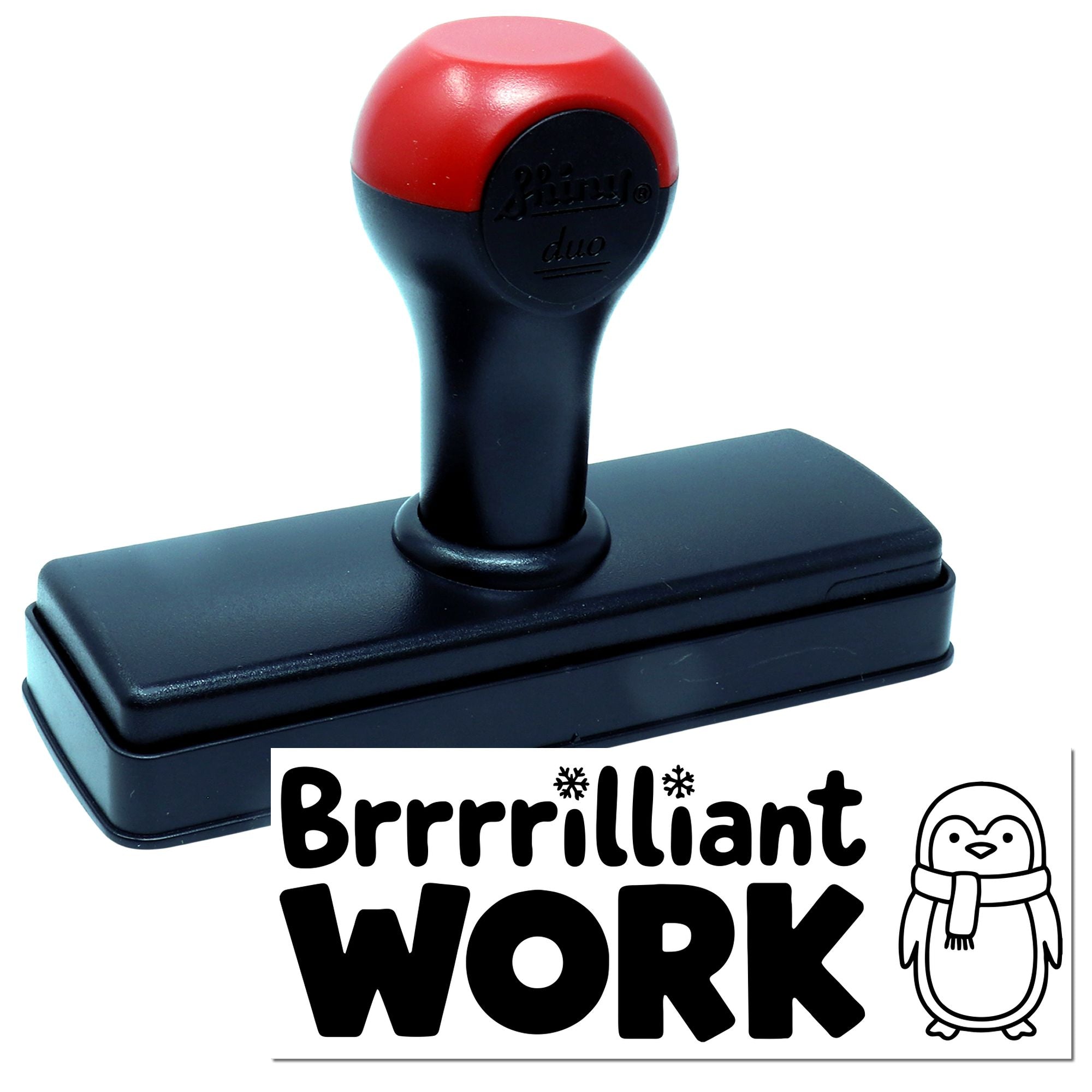 Black self-inking stamp with red handle and penguin Brrrilliant WORK seal design on white background.