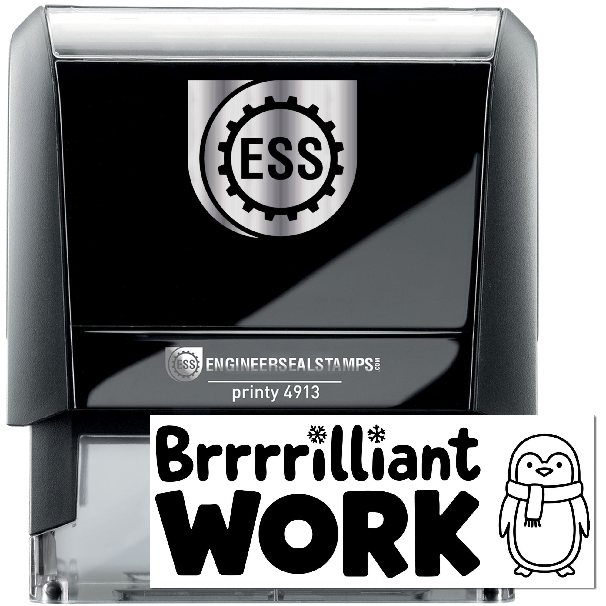 Black-and-silver ESS self-inking stamp and seal with penguin-themed Brrrrilliant WORK insert