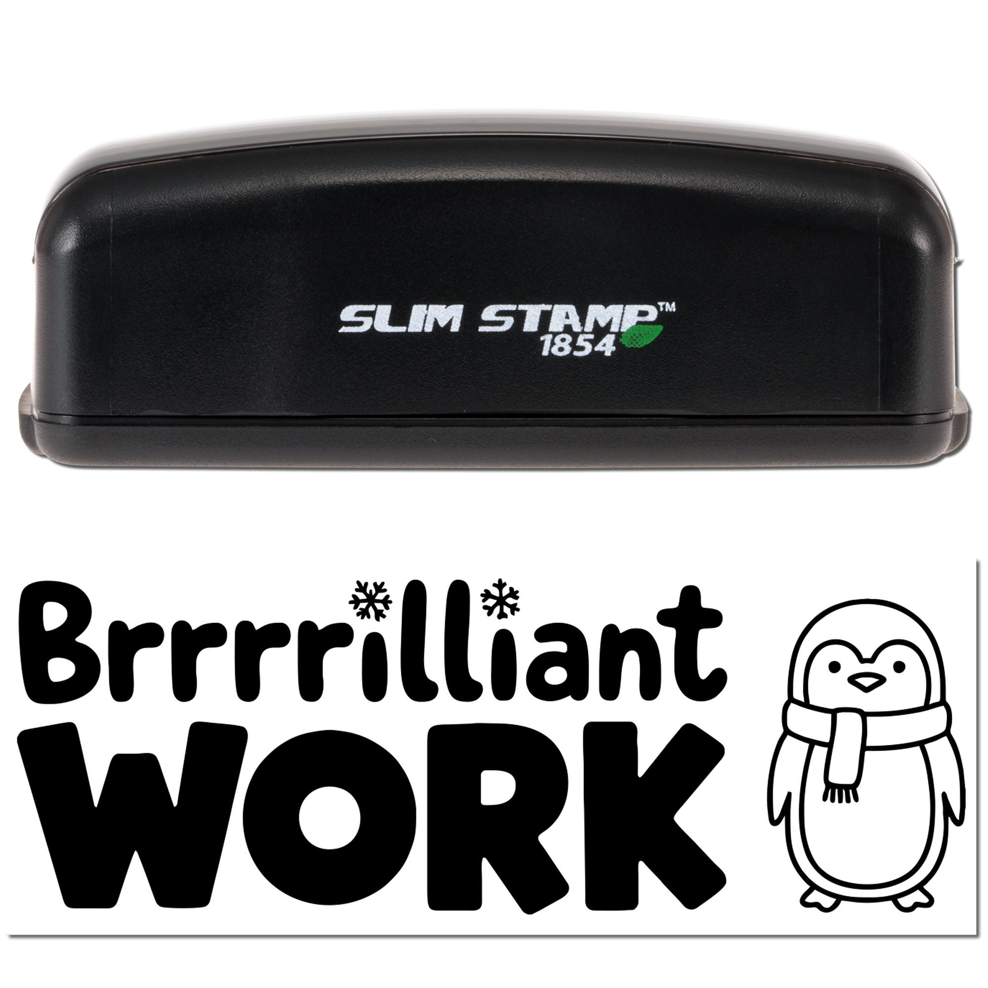 Black Slim Stamp 1854 stamp case above Brrrrilliant WORK logo and penguin seal graphic on white background.