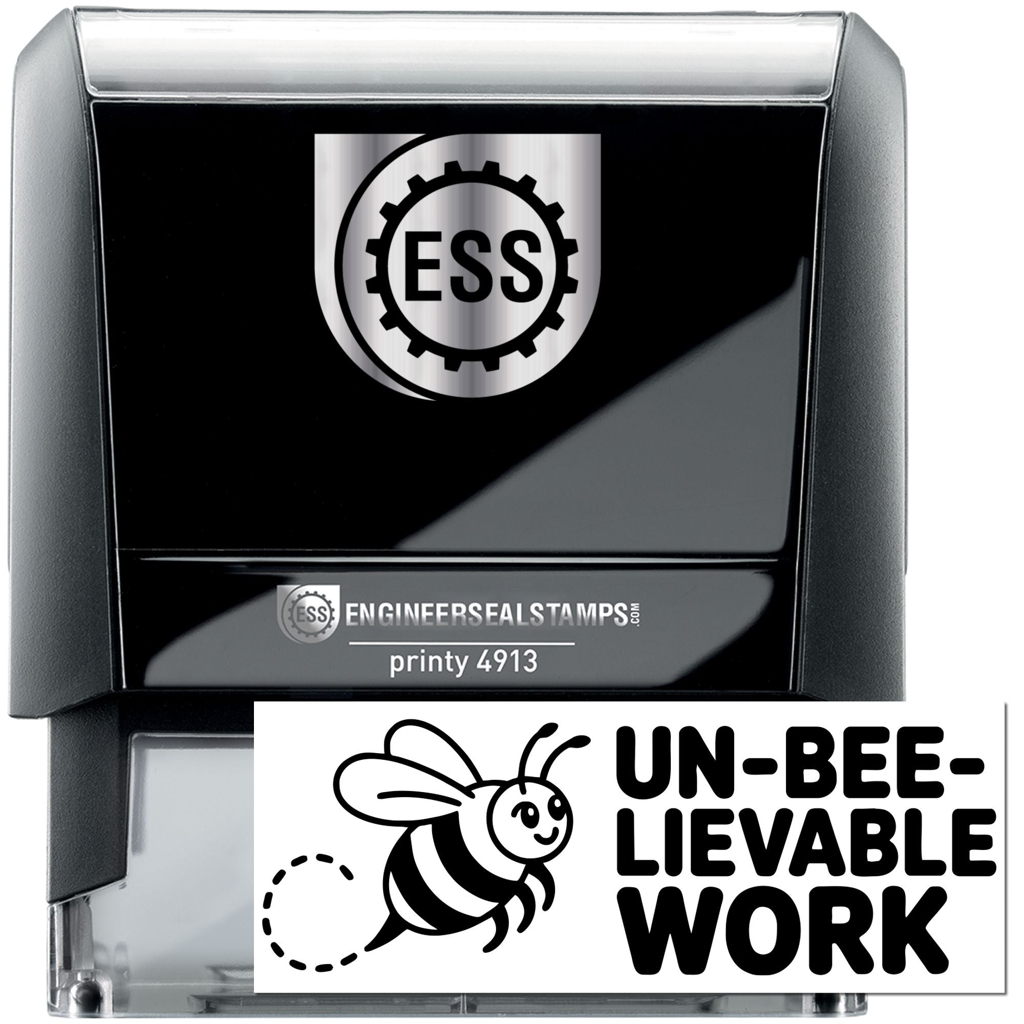 Black self-inking ESS stamp and seal set with silver accents, gear logo, and bee graphic reading UN-BEE-LIEVABLE WORK.