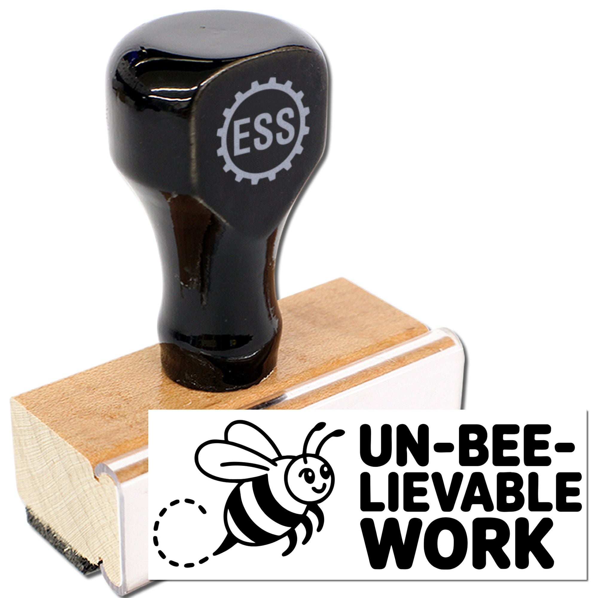 Black ESS stamp and seal with wooden block, bee graphic, and UN-BEE-LIEVABLE WORK text on white background