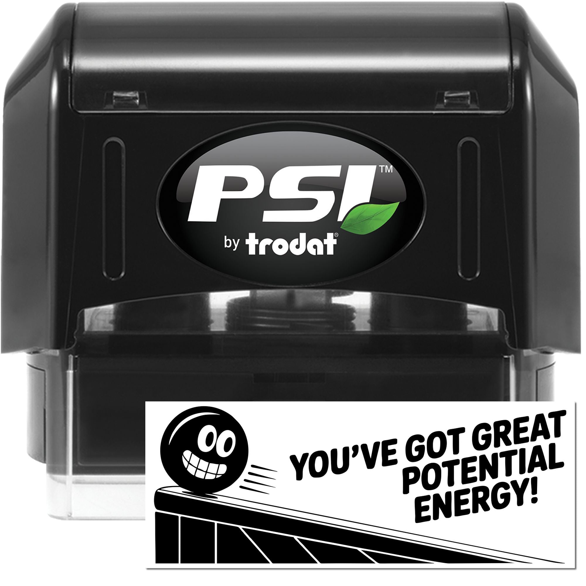 Black PSI by Trodat self-inking stamp and seal products with green leaf logo and sample seal impression.