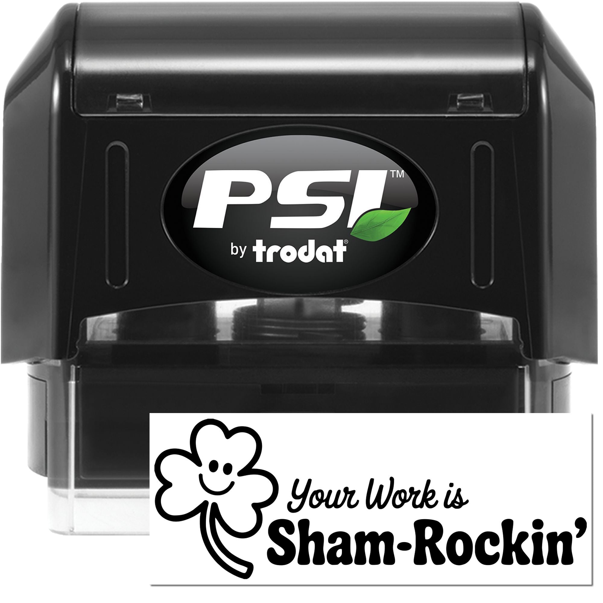 Black PSI by Trodat self-inking stamp and seal with green leaf logo and Sham-Rockin design card