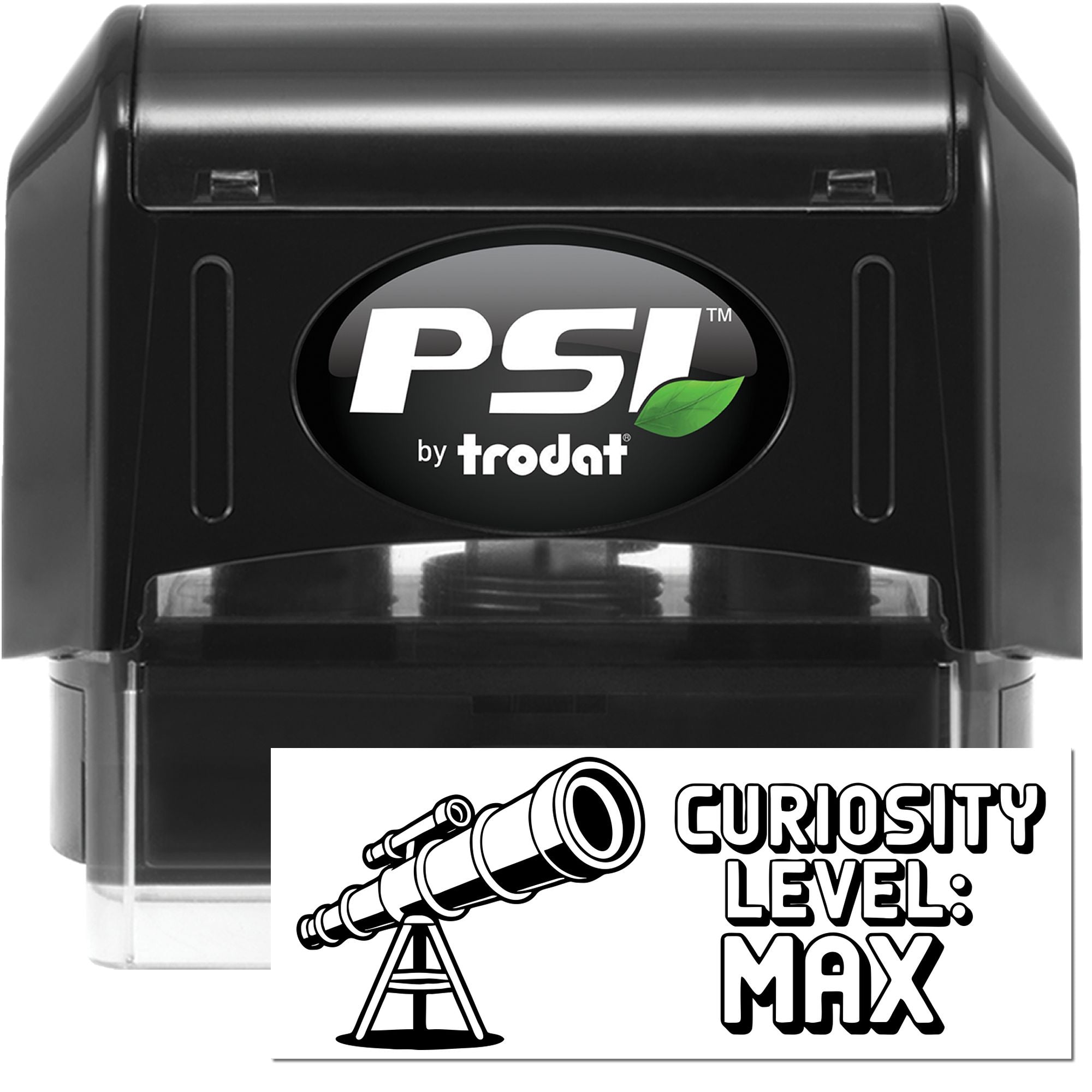 Black PSI by Trodat self-inking stamp and seal with green leaf logo, clear base, on white background.