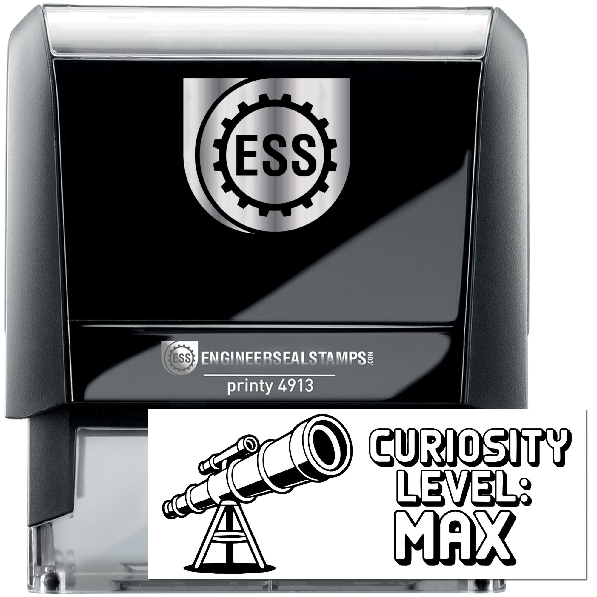 Black self-inking ESS stamp and seal with silver casing, gear logo, and Curiosity Level: Max telescope graphic.