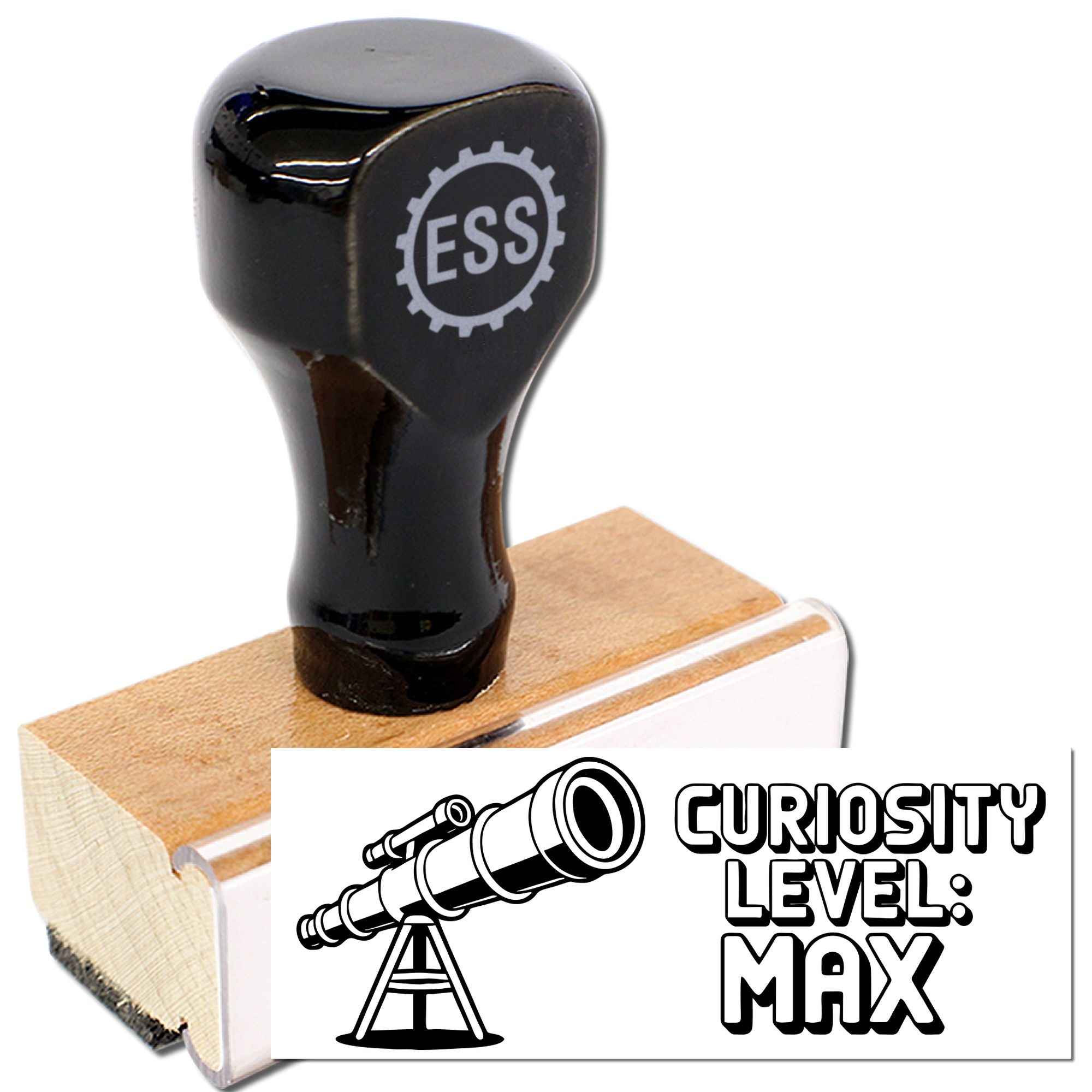 Black custom rubber stamp seal with wooden base, ESS logo, and Curiosity Level: Max telescope design on white background.