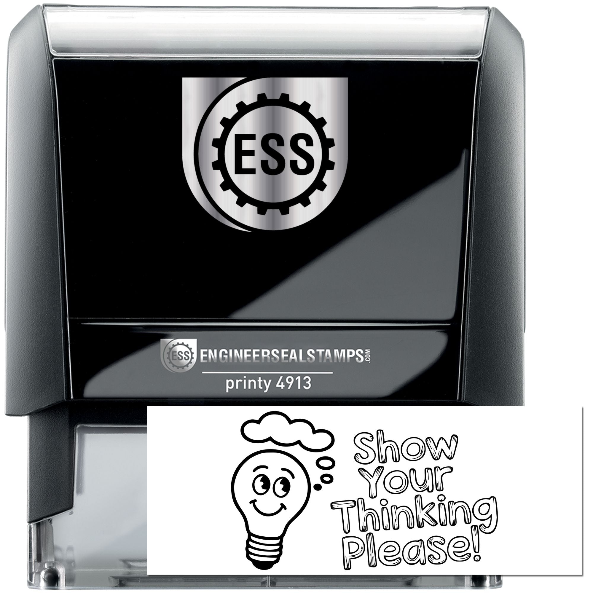 Black self-inking engineer seal stamp with silver top, ESS logo, and sample Show Your Thinking Please! imprint.