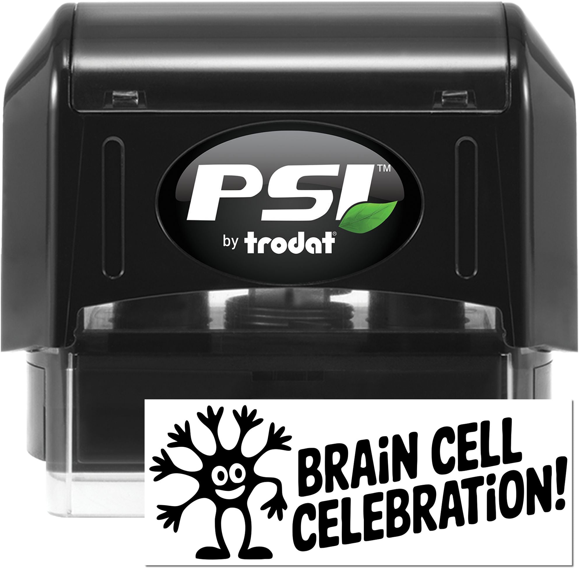 Black PSI by Trodat self-inking stamp with white Brain Cell Celebration seal card and cartoon character.