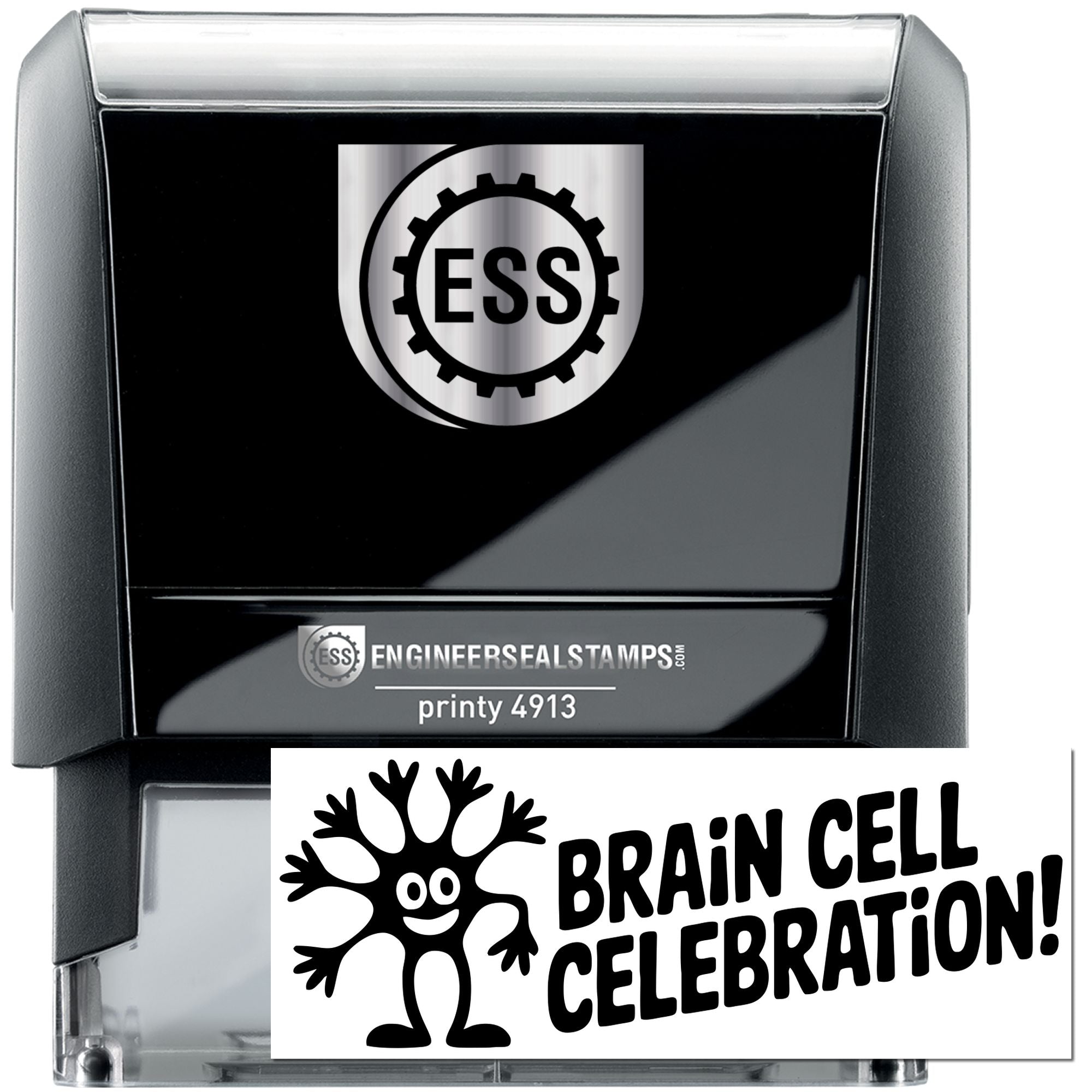 Black self-inking engineer seal stamp in black and gray with ESS logo and white Brain Cell Celebration! imprint