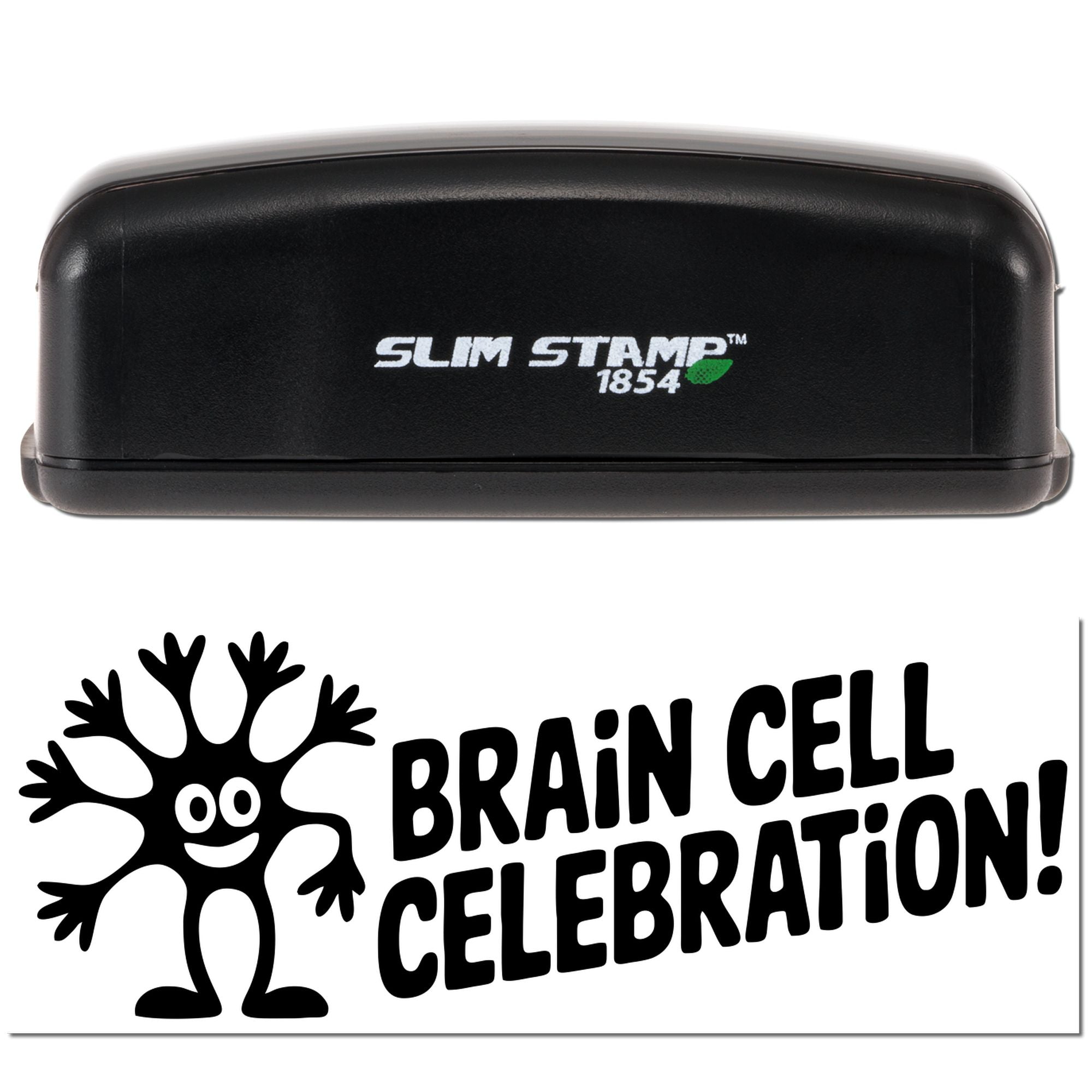 Black Slim Stamp 1854 stamp with green leaf logo above a black Brain Cell Celebration seal design on white background.